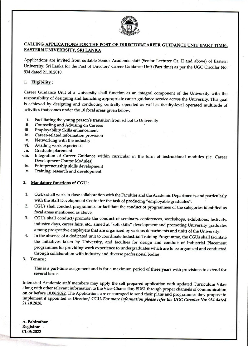 Director Vacancies (Career Guidance Unit) Vacancies - Eastern University Sri Lanka (EUSL) Jobs Vacancies