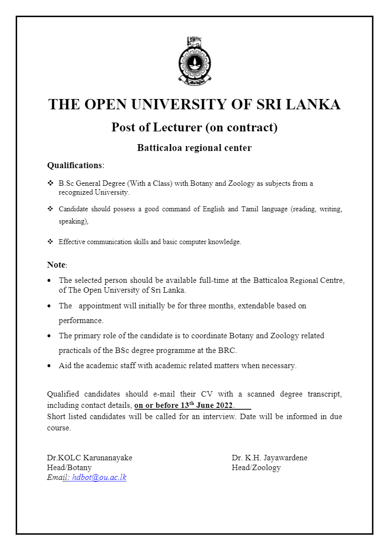 Lecturer Vacancy (Batticaloa Regional Center) - Open University of Sri Lanka Jobs Vacancies