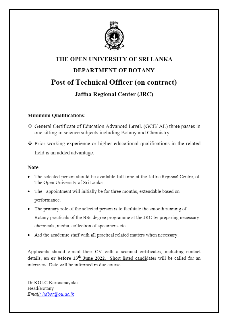 Technical Officer Vacancy (Jaffna Regional Center) - Open University of Sri Lanka Jobs vacancies