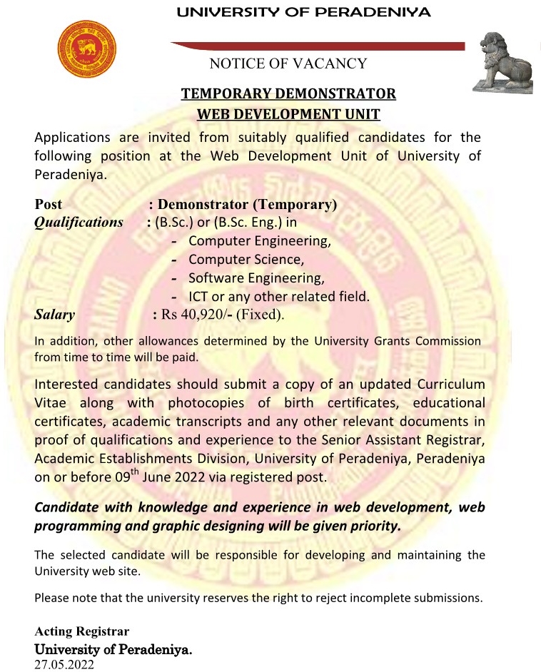 Temporary Demonstrator Vacancy - University of Peradeniya Jobs Vacancies