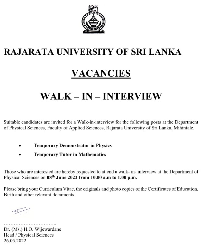 Temporary Demonstrator Walk-in Interview - Rajarata University
