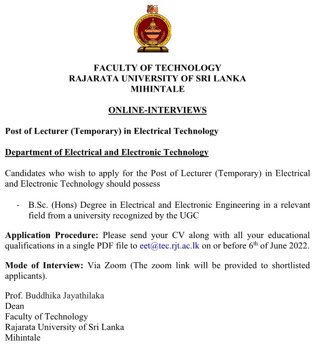 Temporary Lecturer Vacancy at Rajarata University Jobs Vacancies