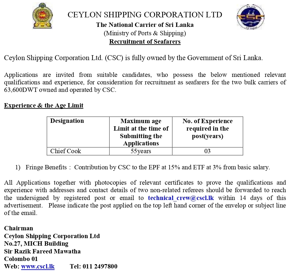 Chief Cook Vacancy at Ceylon Shipping Corporation Jobs Vacancies