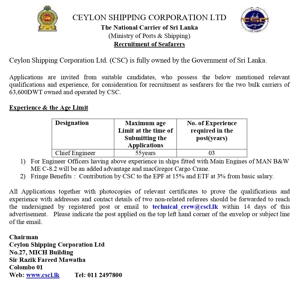 Chief Engineer Vacancy at Ceylon Shipping Corporation Jobs Vacancies