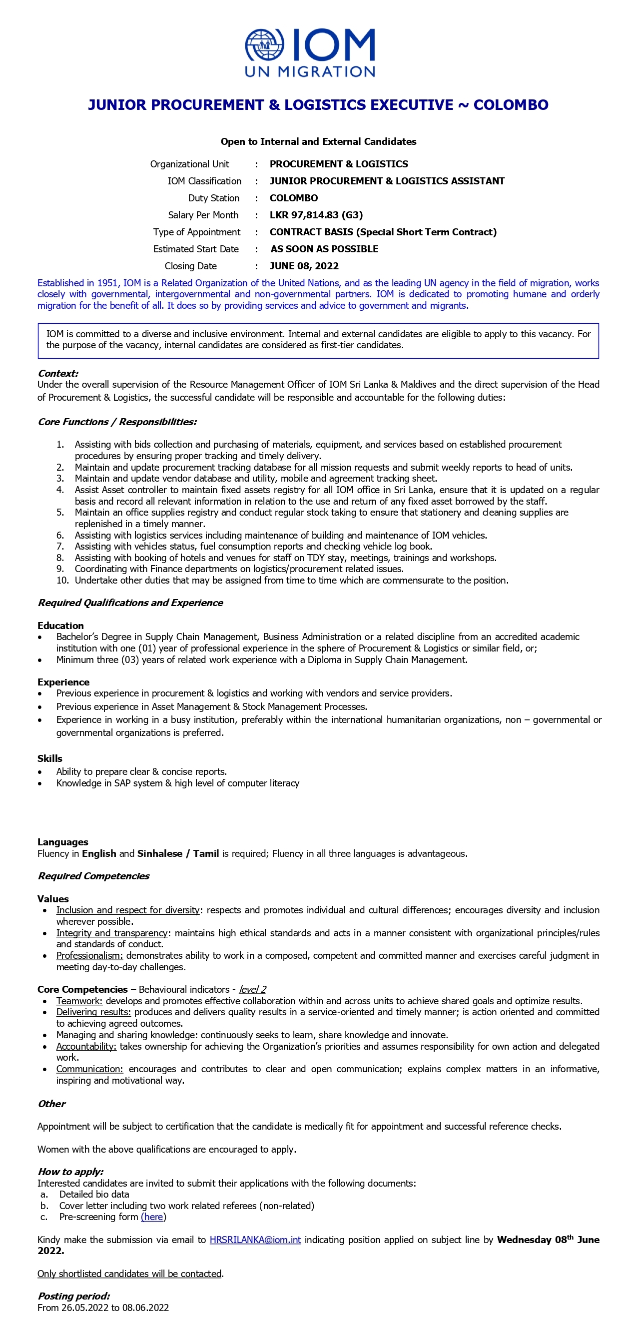 Junior Procurement & Logistic Executive Vacancies - International Organization for Migration Jobs Vacancies