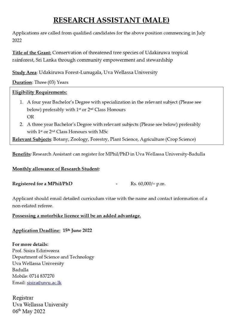 Research Assistant (Male) Vacancy - Uva Wellassa University Jobs Vacancies