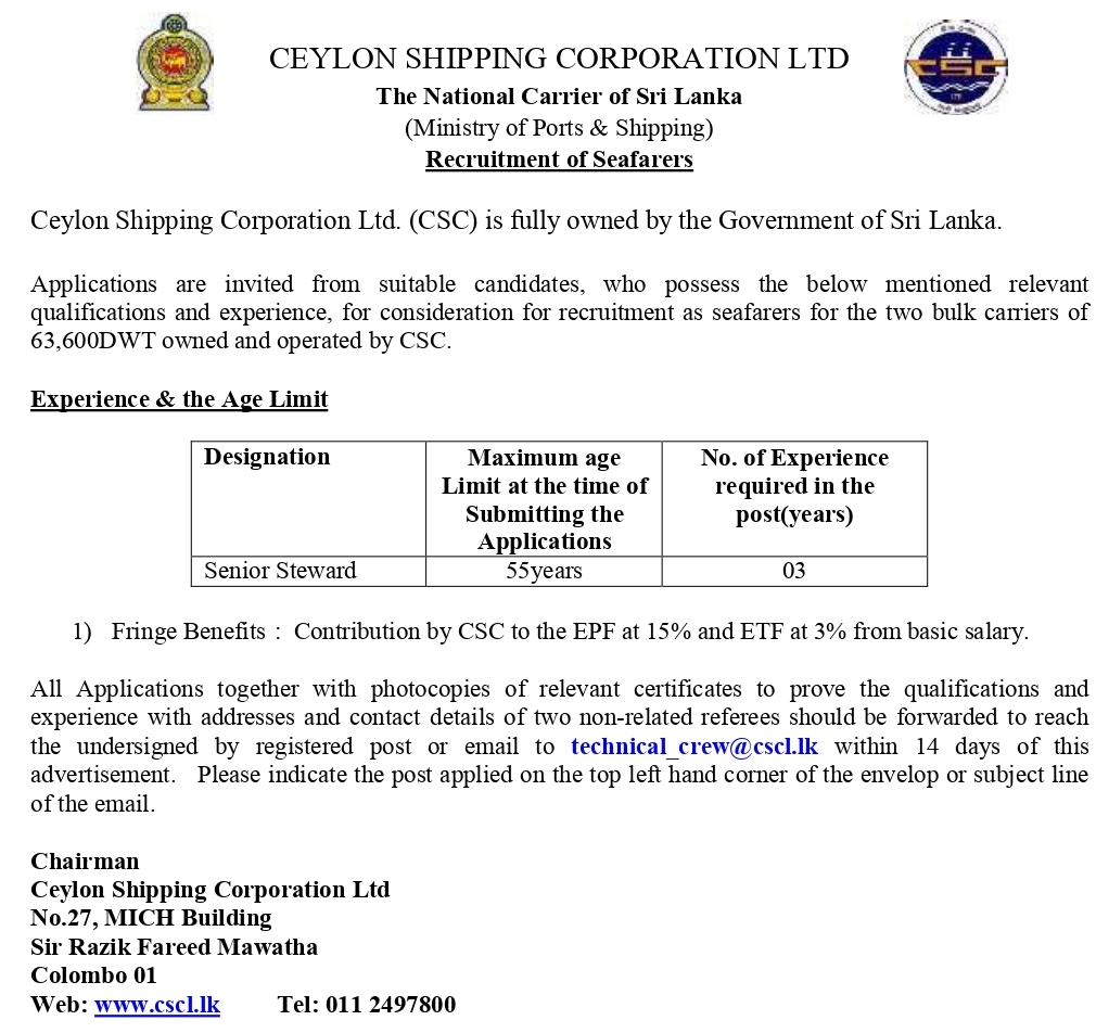 Senior Steward Vacancy at Ceylon Shipping Corporation Jobs Vacancies