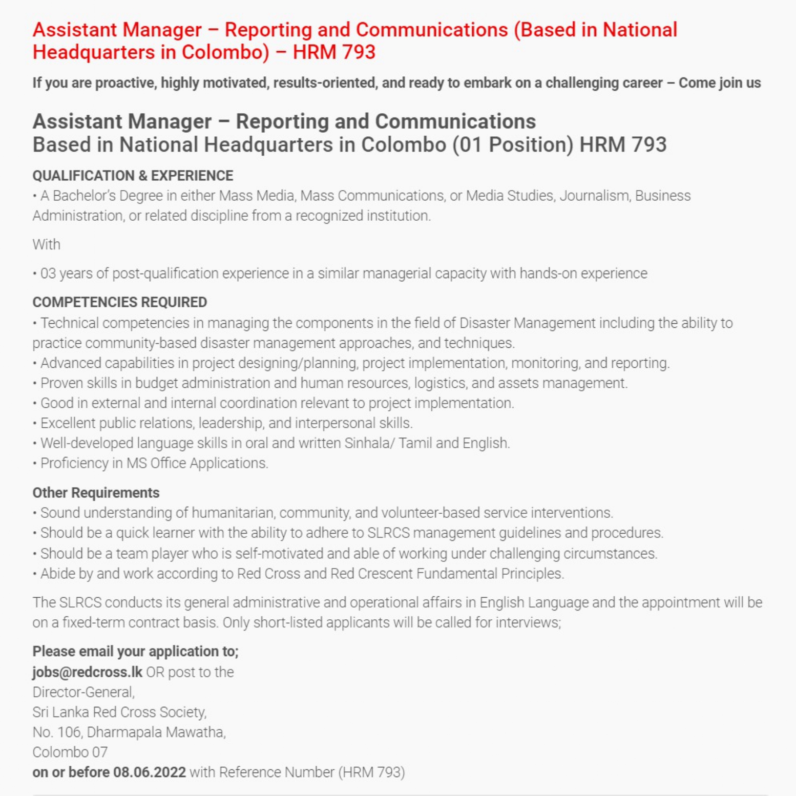 Assistant Manager Vacancies - Sri Lanka Red Cross Society Jobs Vacancies