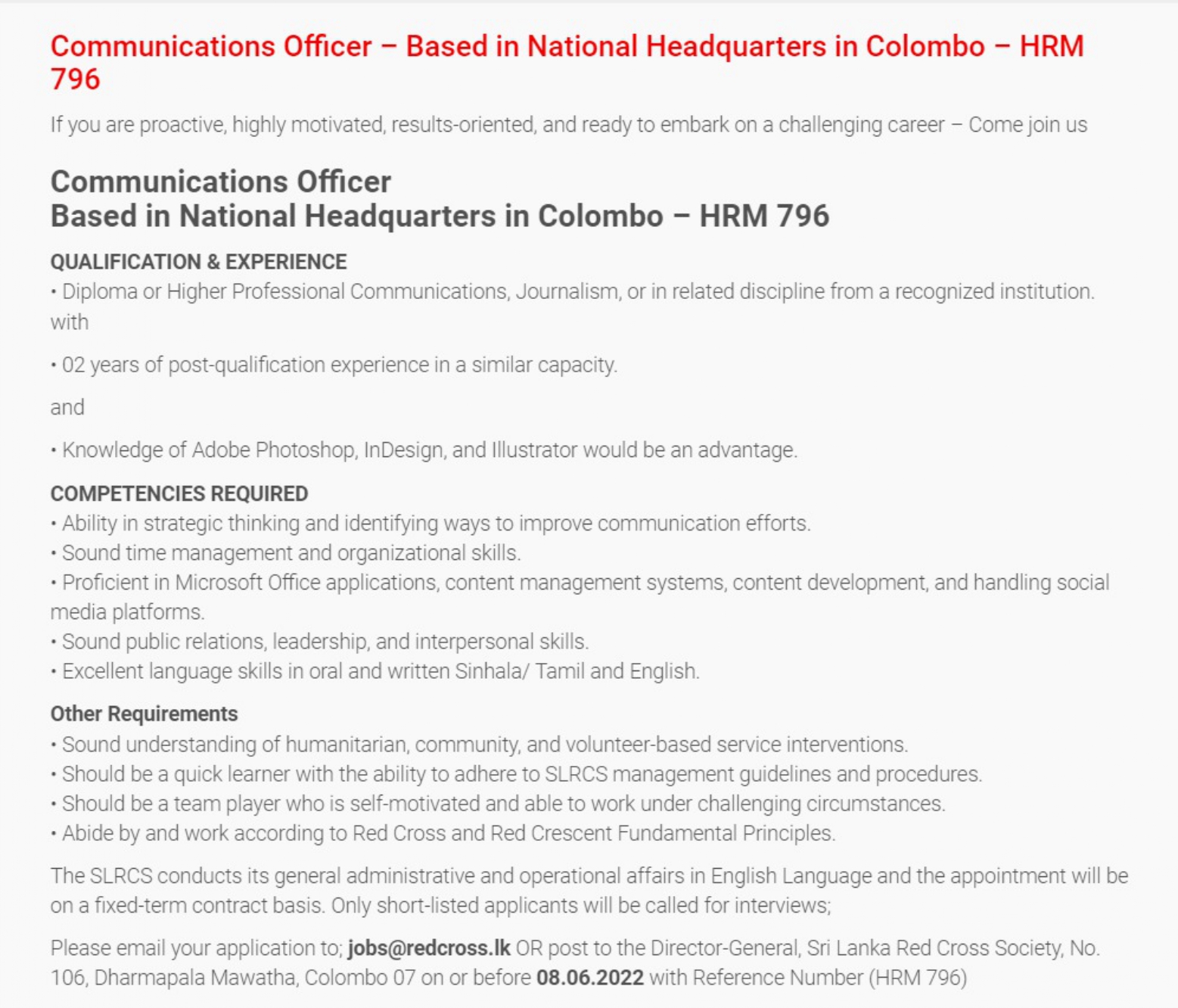 Communications Officer Vacancies - Sri Lanka Red Cross Society (SLRCS) Jobs Vacancies