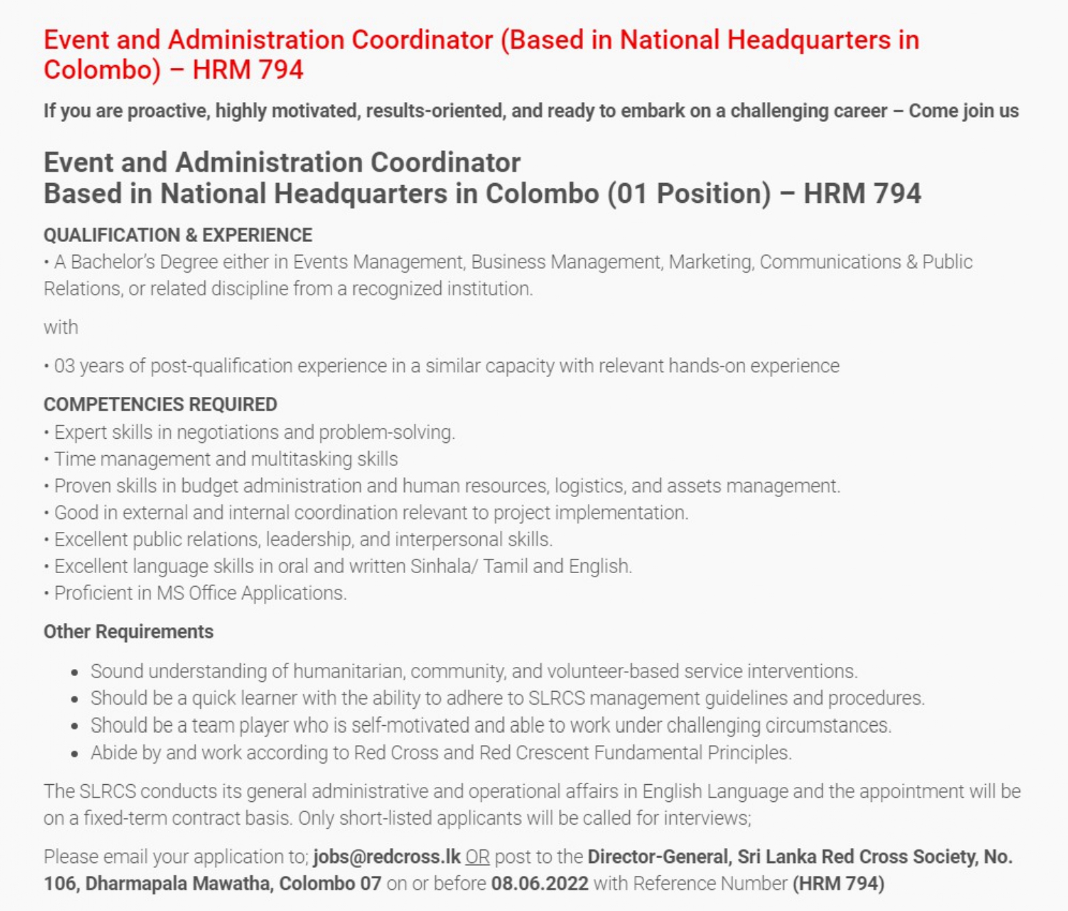 Event and Administration Coordinator Vacancies - Sri Lanka Red Cross Society (SLRCS)