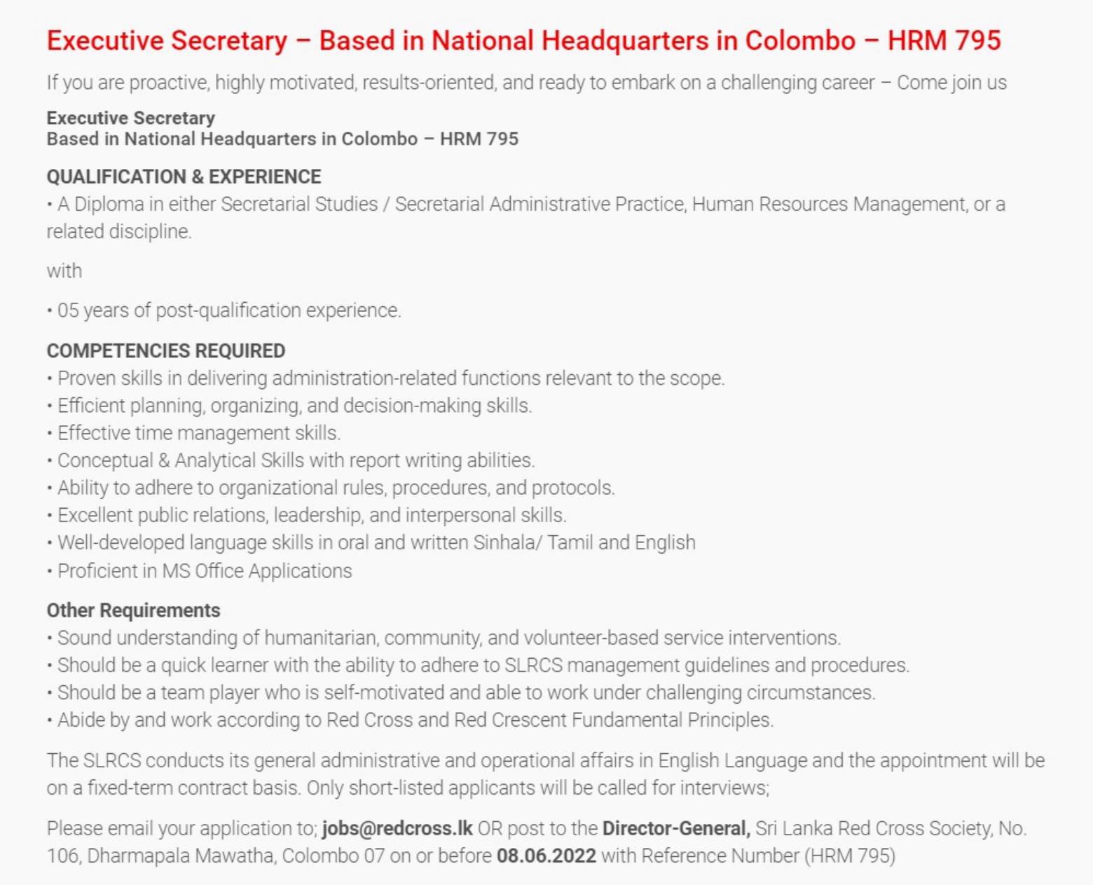 Executive Secretary Vacancies - Sri Lanka Red Cross Society (SLRCS)