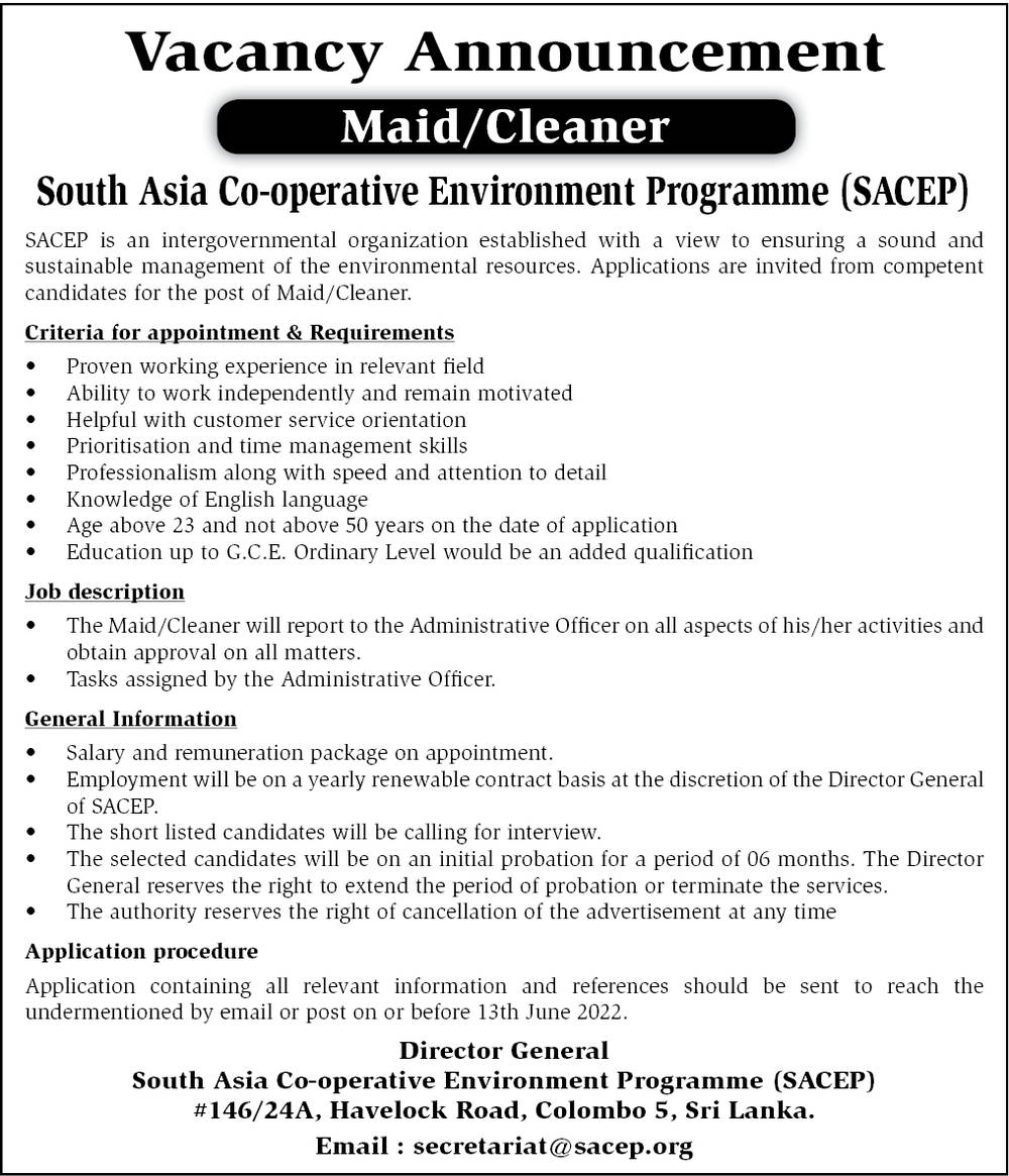 Maid / Cleaner - South Asia Cooperative Environment Programme Jobs Vacancies