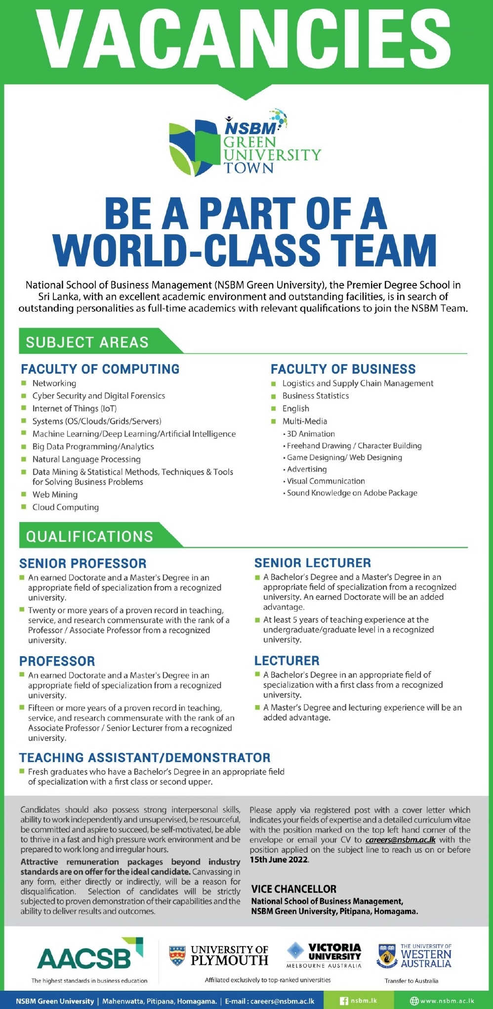 Professor / Senior Professor / Lecturer - NSBM Green University Town Jobs Vacancies