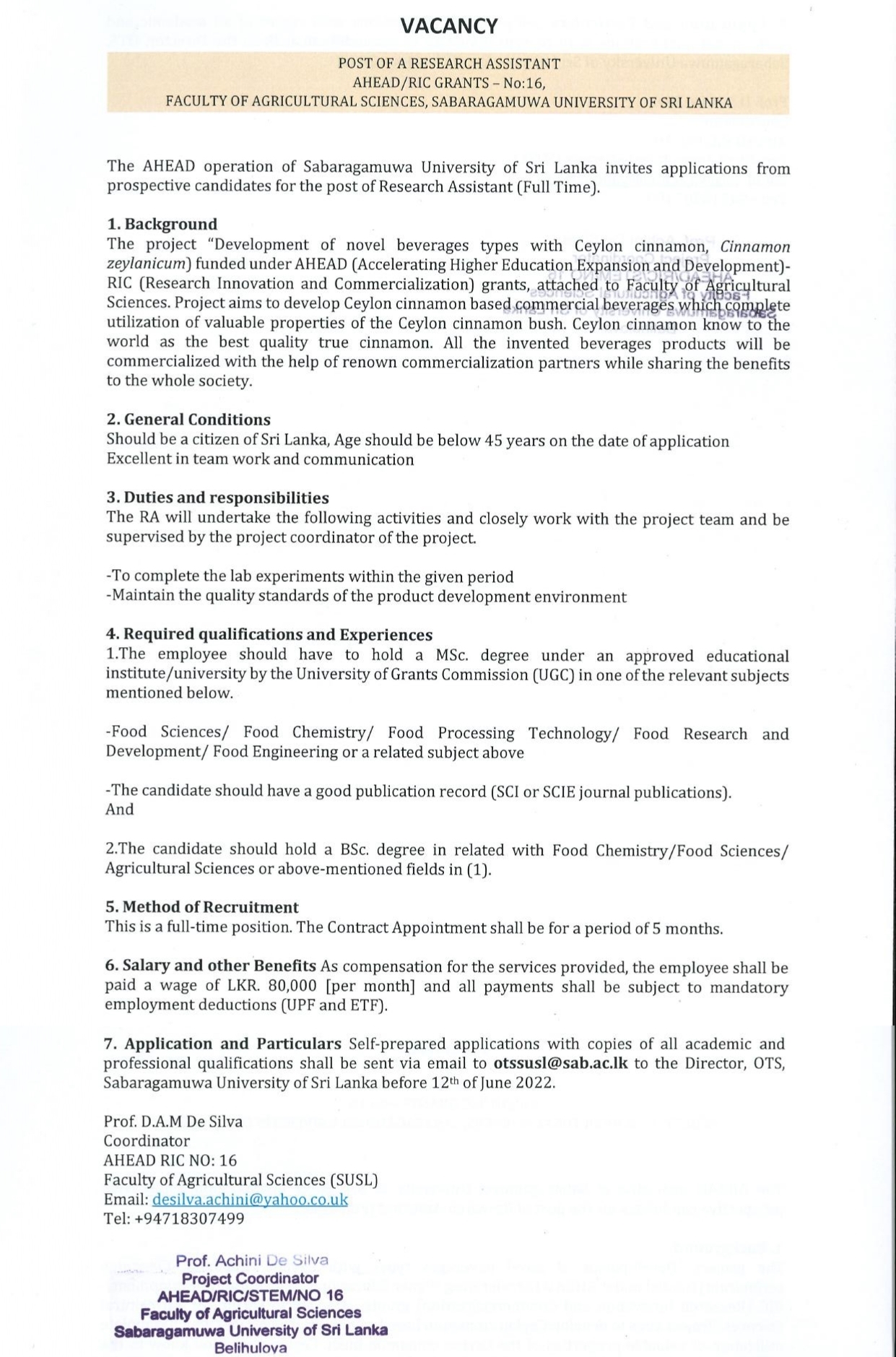 Research Assistant Vacancies (AHEAD) - Sabaragamuwa University of Sri Lanka Jobs Vacancies