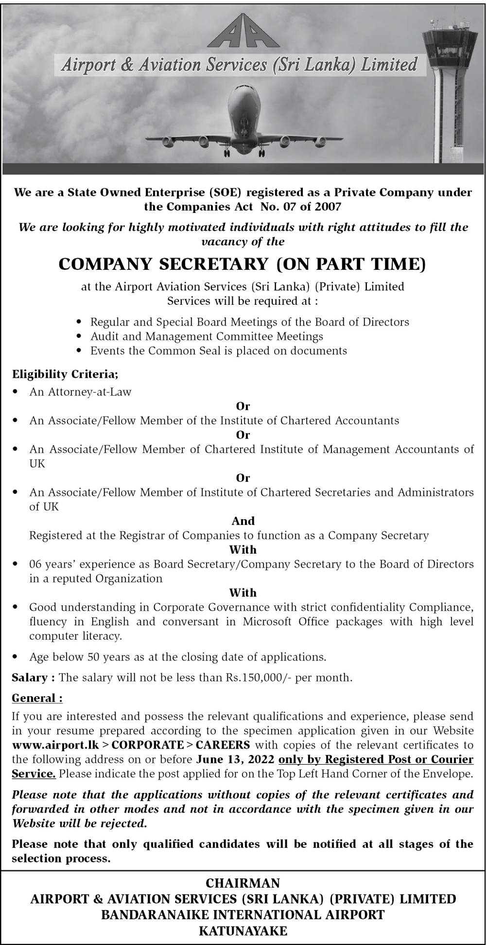 Company Secretary Vacancy 2022 - Airport & Aviation Services (Sri Lanka) Jobs Vacancies