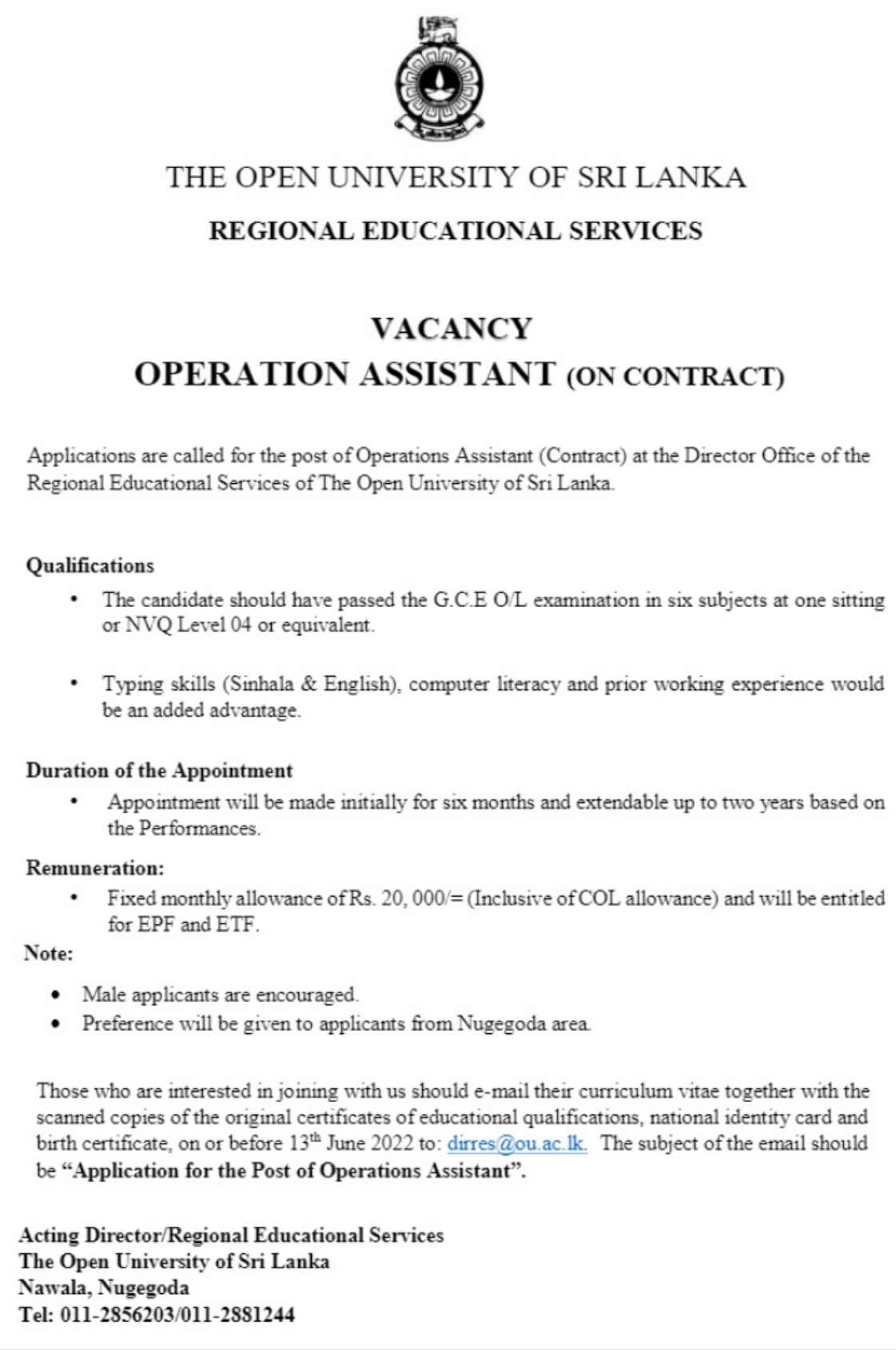 Operations Assistant (On Contract) Job Vacancies - Open University (OUSL) Jobs Vacancies