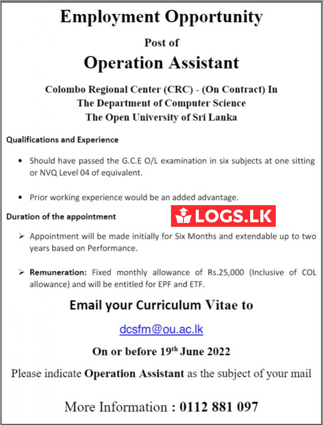 Operations Assistant (Department of Computer Science) - Open University of Sri Lanka OUSL Jobs Vacancies