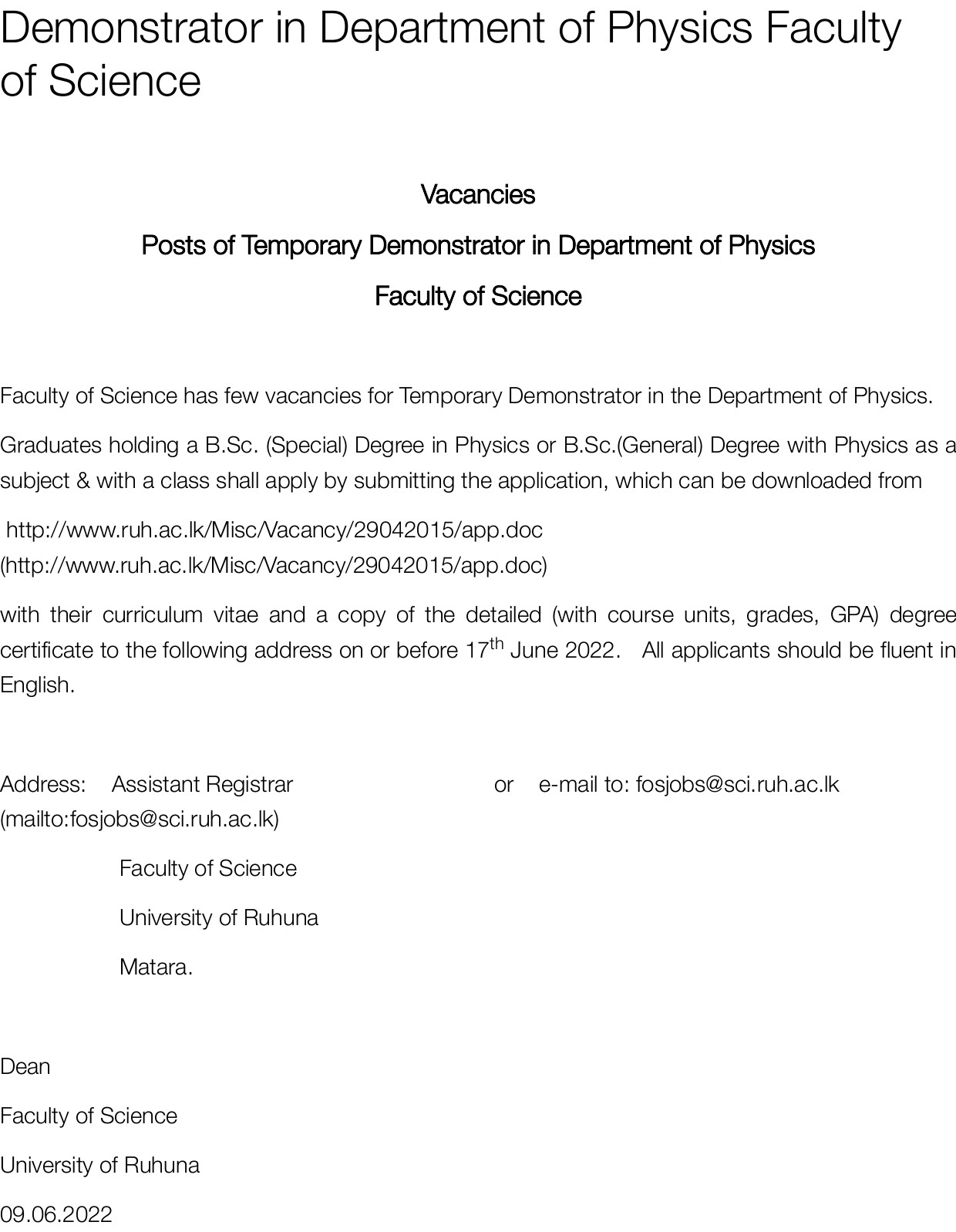 Temporary Demonstrator (Faculty of Science) Vacancy - University of Ruhuna Jobs Vacancies