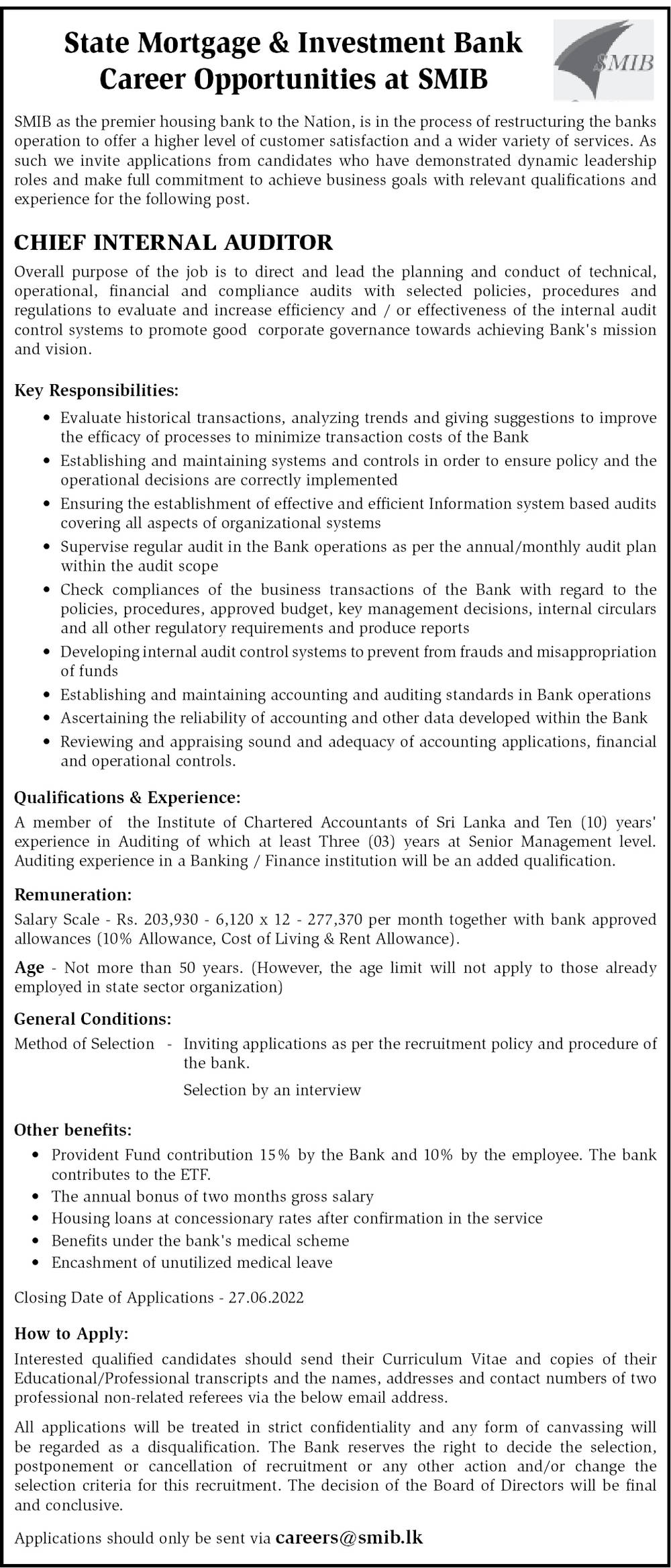 Chief Internal Auditor Job Vacancy - SMIB Bank Jobs Vacancies Details