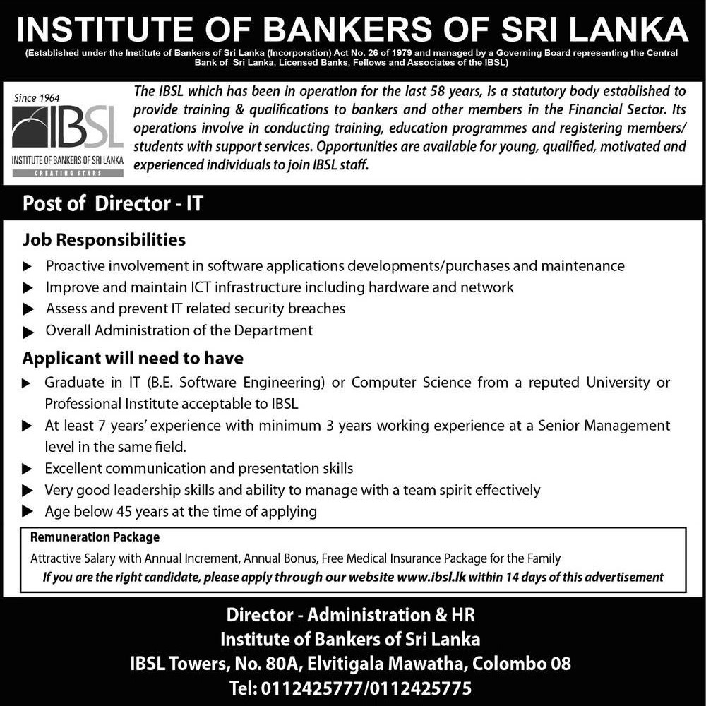Director - IT Vacancy - Institute of Bankers of Sri Lanka (IBSL) Jobs Vacancies