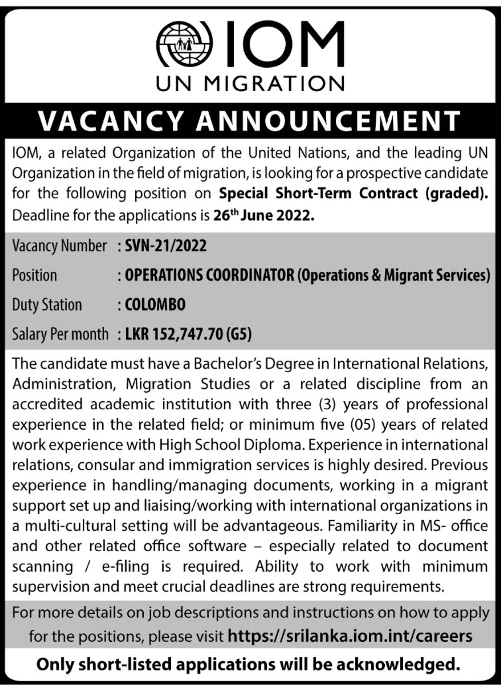 Operation Coordinator Vacancy - International Organization for Migration (IOM) Jobs Vacancies Details