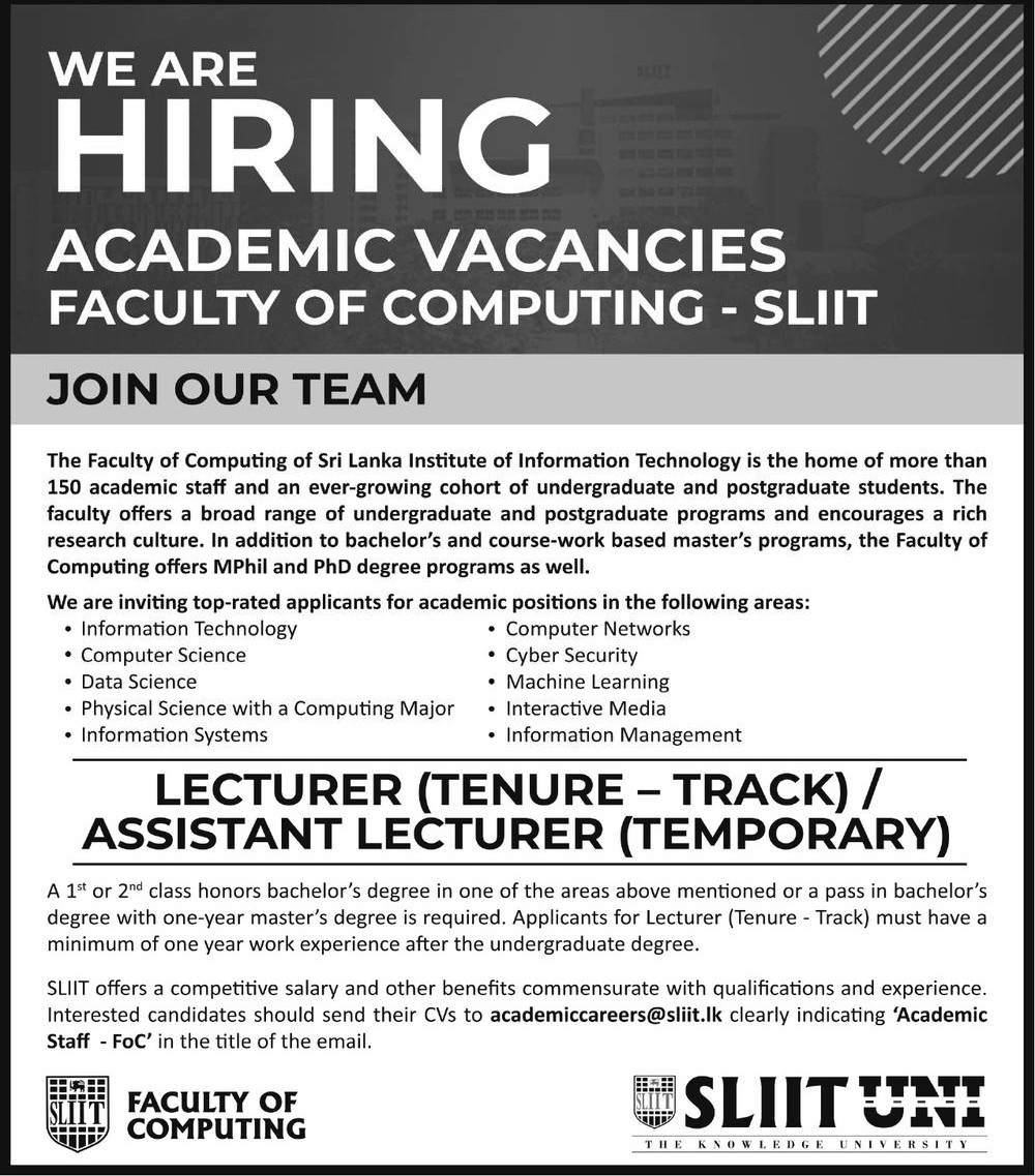 Lecturer (Tenure - Track) / Assistant Lecturer (Temporary) Vacancies - SLIIT Jobs Vacancies