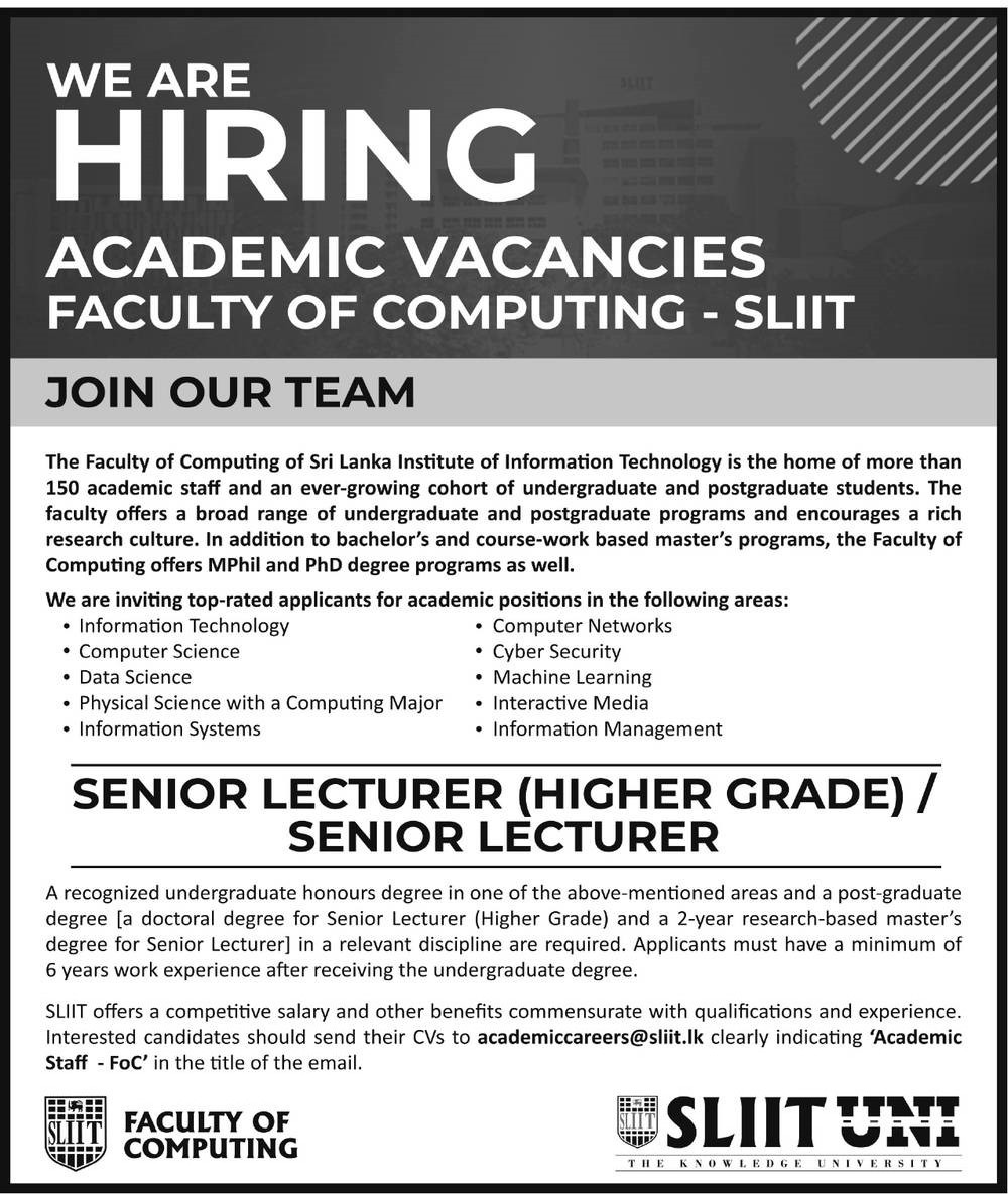 Senior Lecturer (Higher Grade) Job Vacancy - SLIIT Jobs Vacancies Details