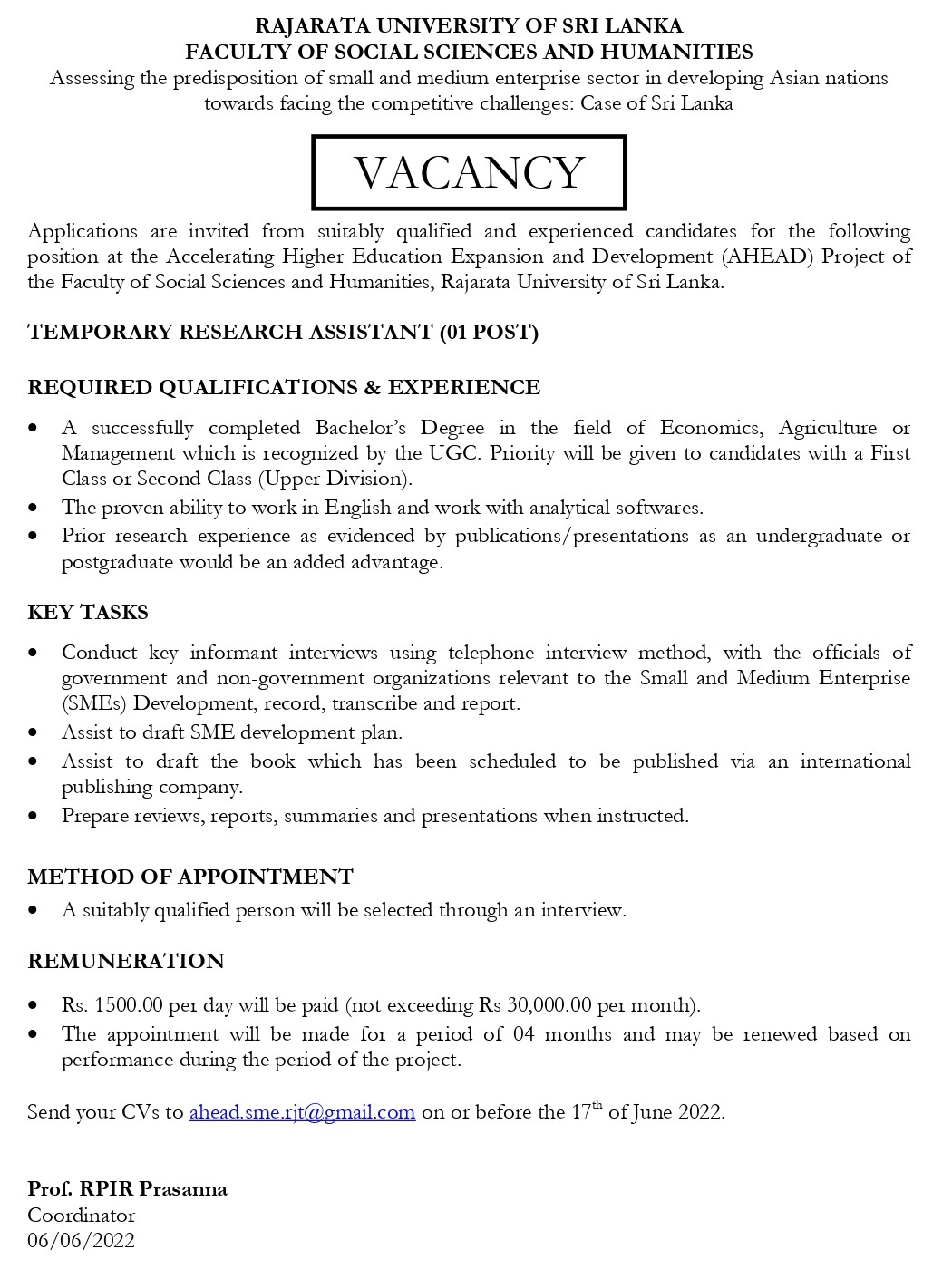 Temporary Research Assistant Vacancies 2022 - Rajarata University Jobs Vacancies