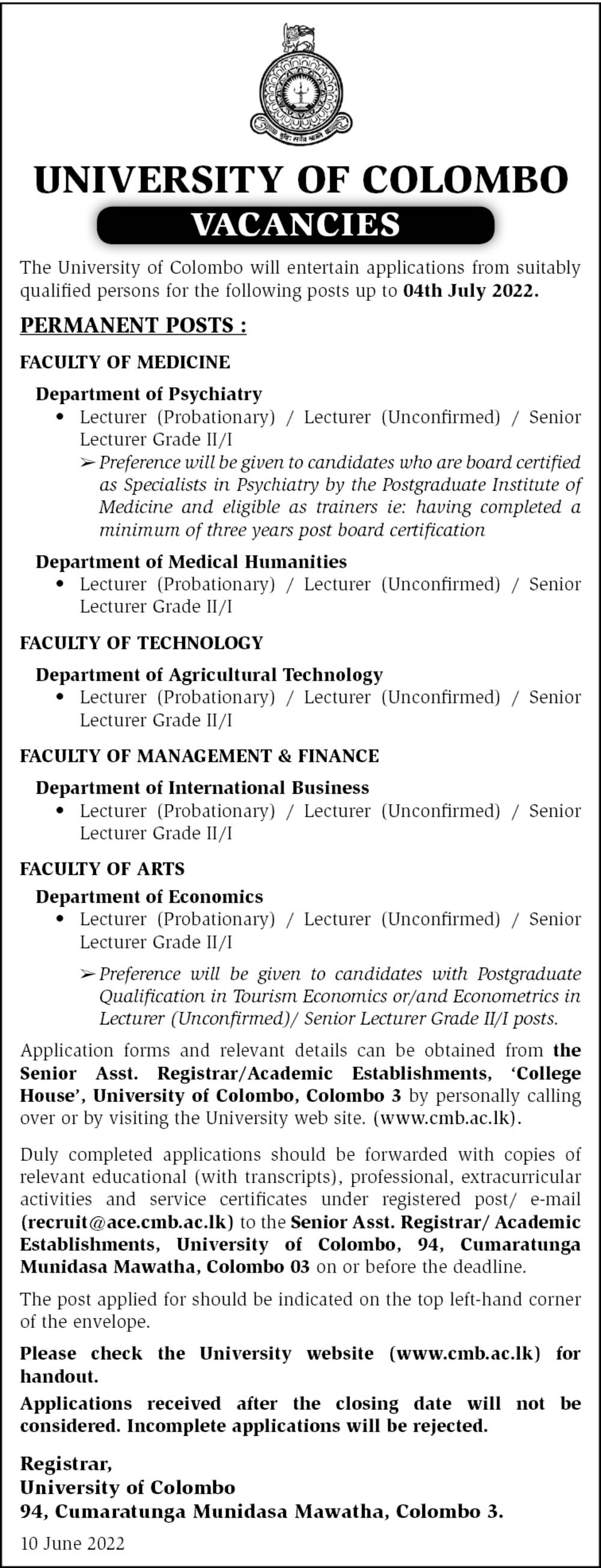 Permanent Lectures Vacancies 2022 - University of Colombo Jobs Vacancies