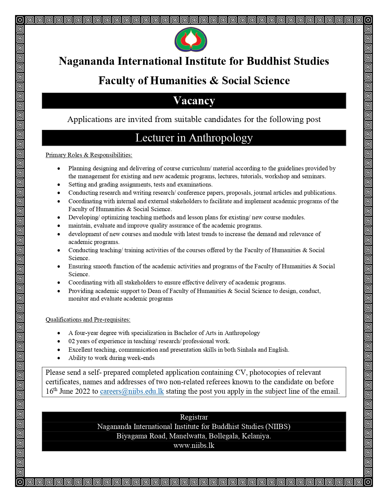 Lecturer in Anthropology - Nagananda International Institute for Buddhist Studies (NIIBS) Jobs Vacancies