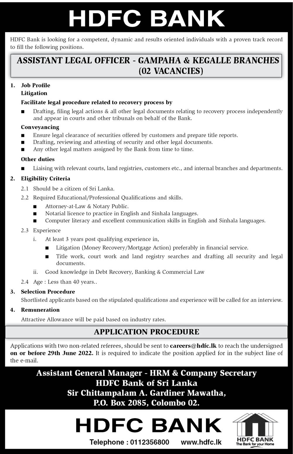 Assistant Legal Officer Job Vacancy 2022 - HDFC Bank Jobs Vacancies Details