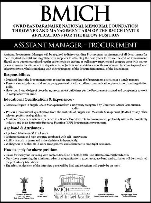 Assistant Manager (Procurement) Job Vacancy 2022 - BMICH Jobs Vacancies Details