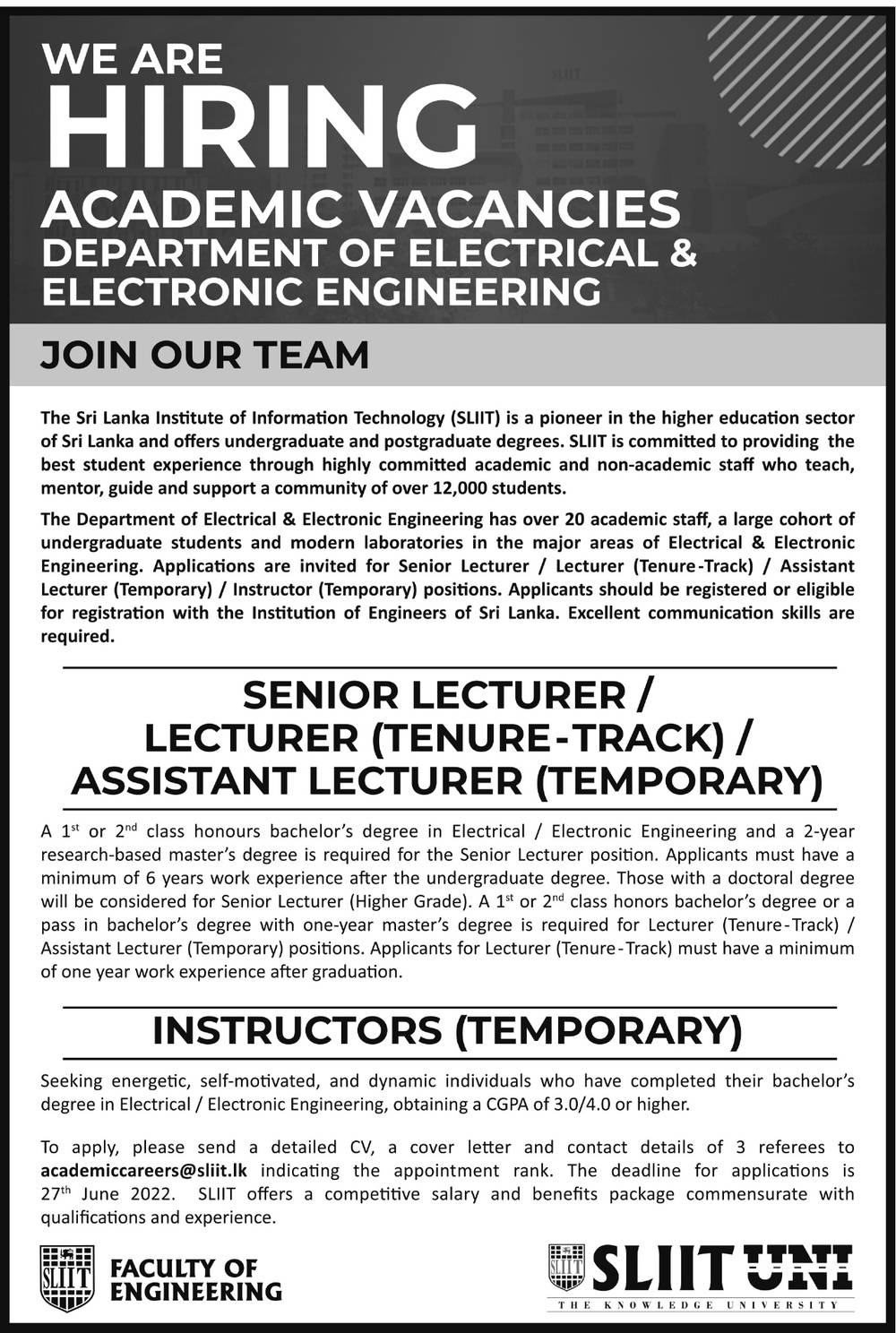 Lecturer / Instructors – Faculty of Electrical & Electronic Engineering – SLIIT Jobs Vacancies