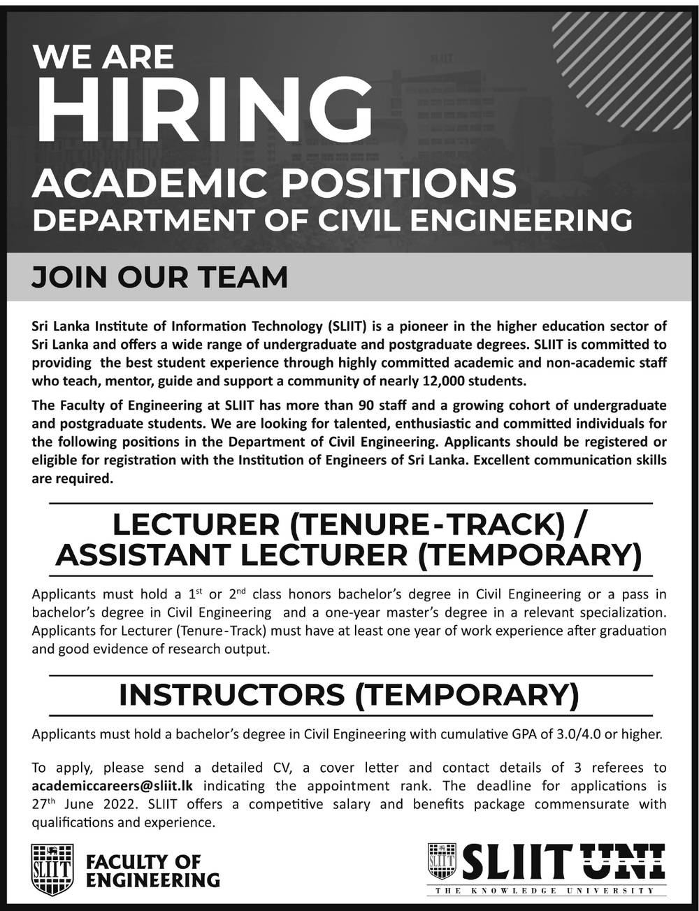 Lecturer / Instructors - Faculty of Engineering - SLIIT Jobs Vacancies