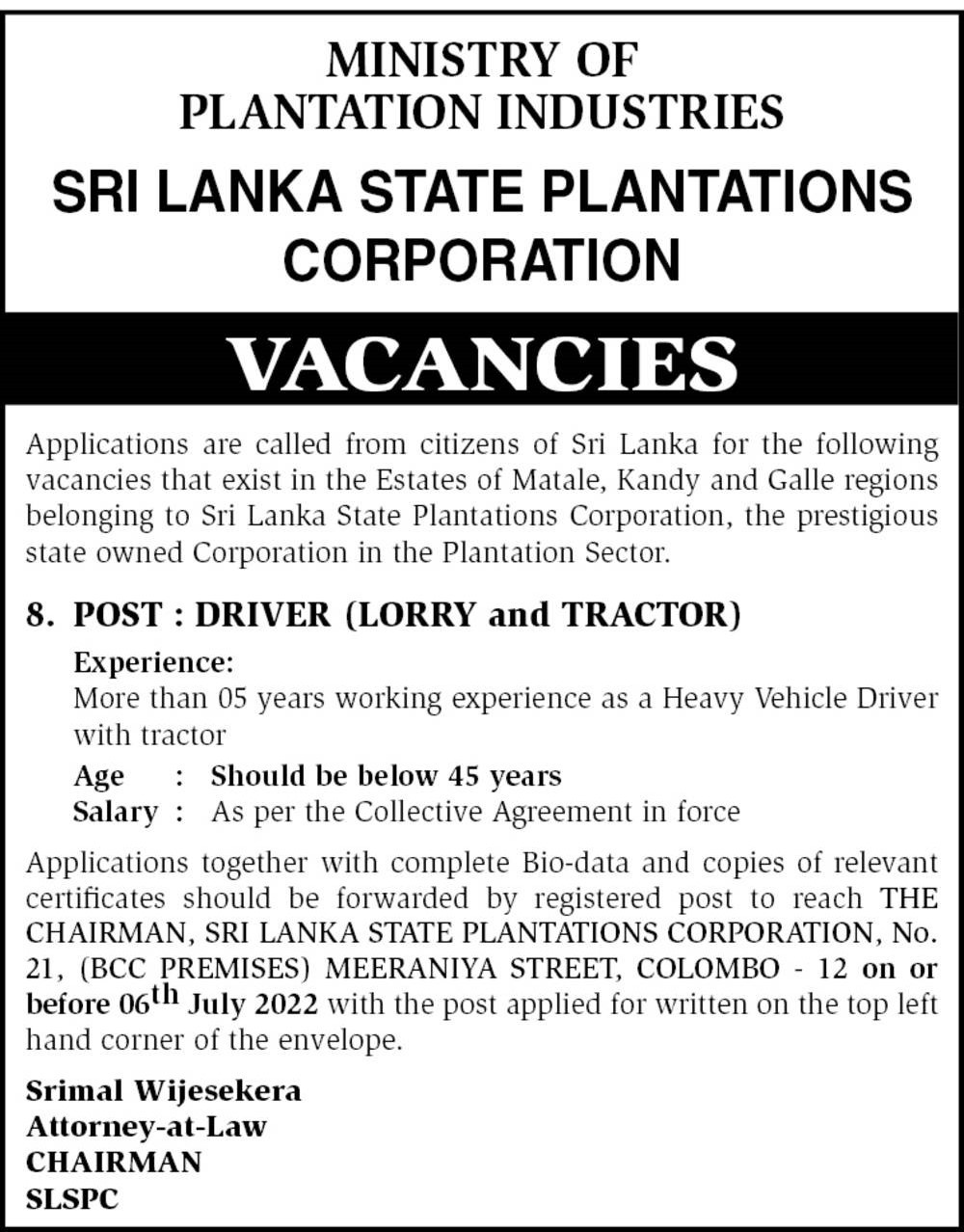 Driver (Lorry & Tractor) Jobs Vacancies - Sri Lanka State Plantations Corporation Jobs Vacancies