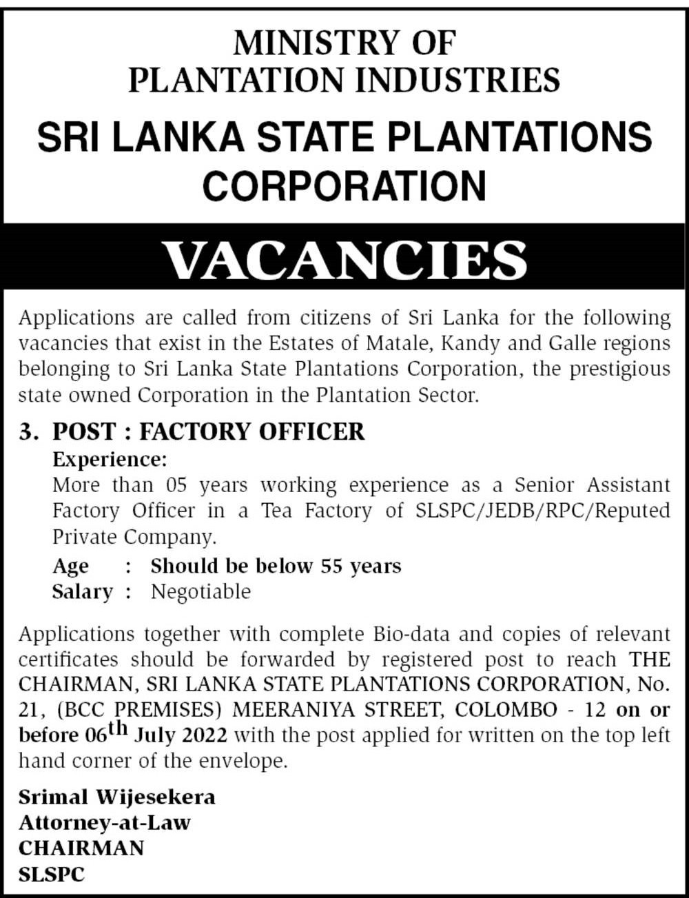 Factory Officer Job Vacancy - Sri Lanka State Plantations Corporation (SLSPC) Jobs Vacancies