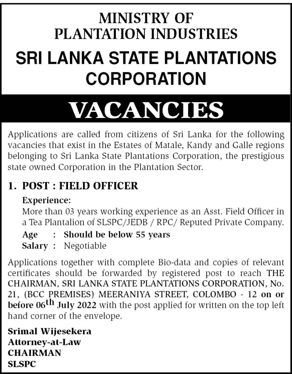 Field Officer Job Vacancy - Sri Lanka State Plantations Corporation