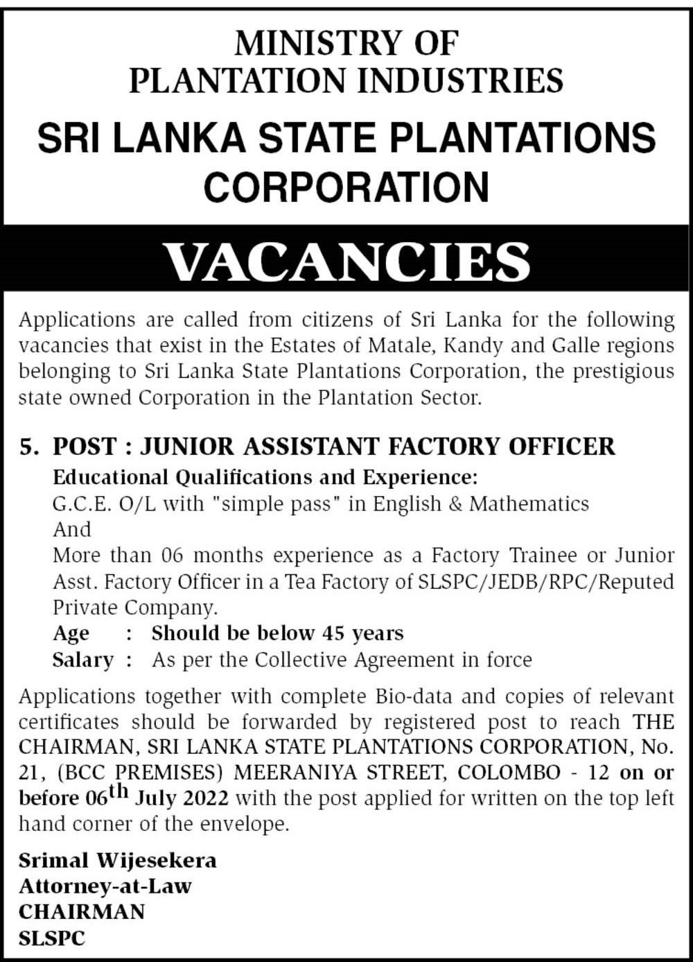 Junior Assistant Factory Officer Vacancy - Sri Lanka State Plantations Corporation Jobs Vacancies
