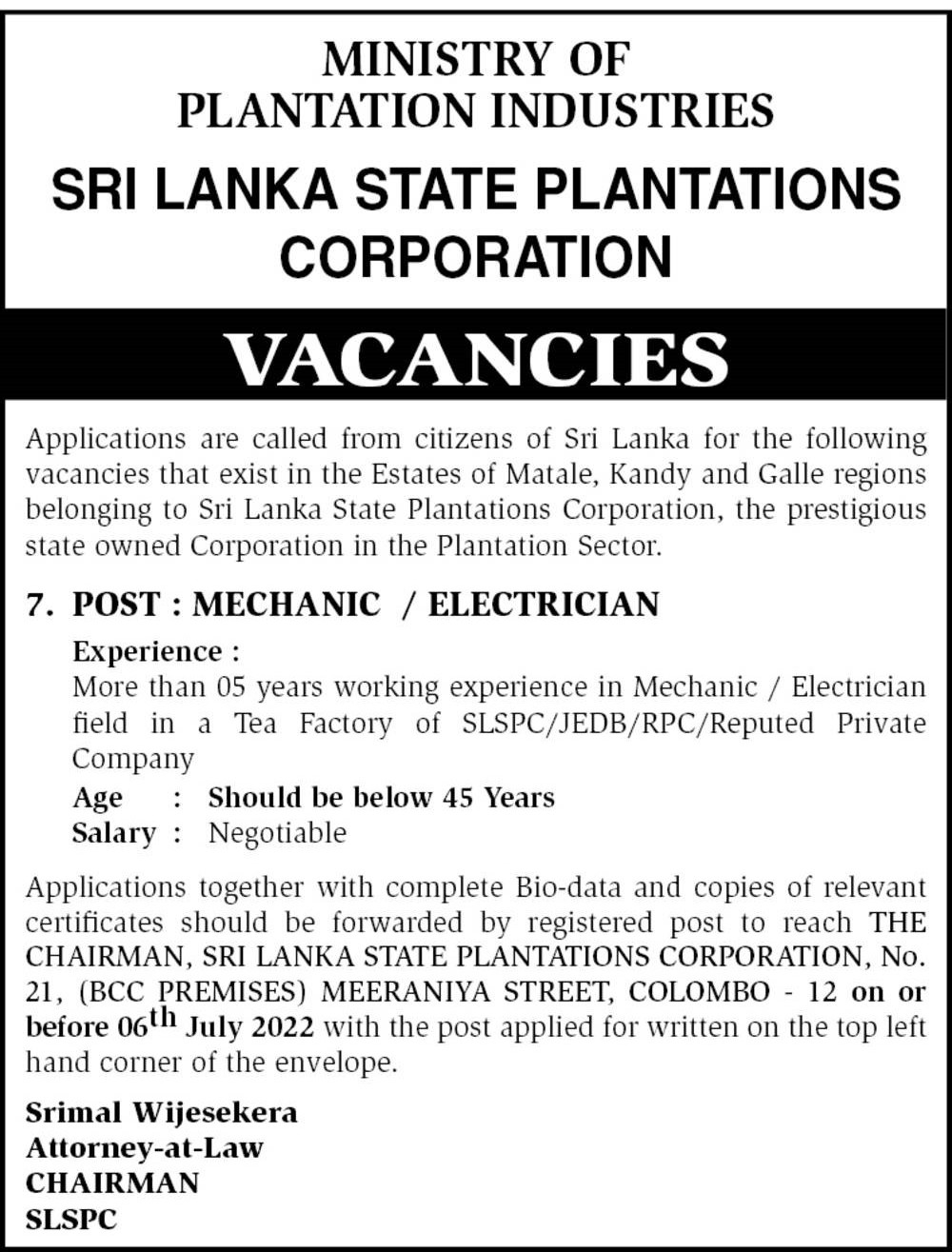 Mechanic / Electrician Jobs Vacancies - Sri Lanka State Plantations Corporation Jobs Vacancies Details