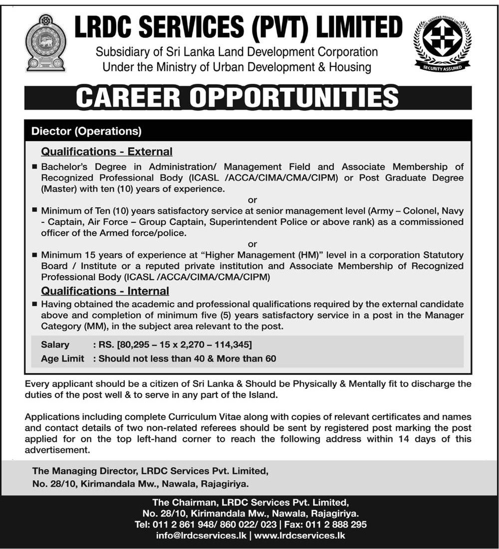 Director (Operations) Job Vacancy - LRDC Services (Private) Limited Jobs Vacancies