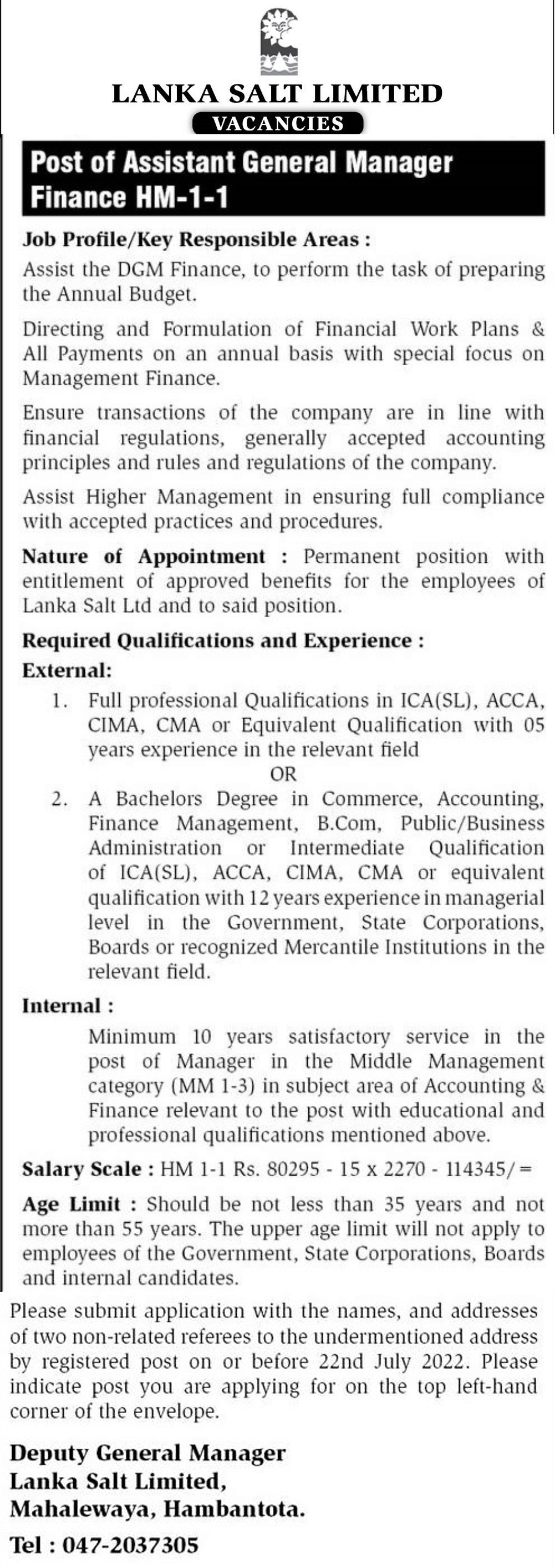 Assistant General Manager (Finance) Job Vacancy - Lanka Salt Ltd Jobs Vacancies