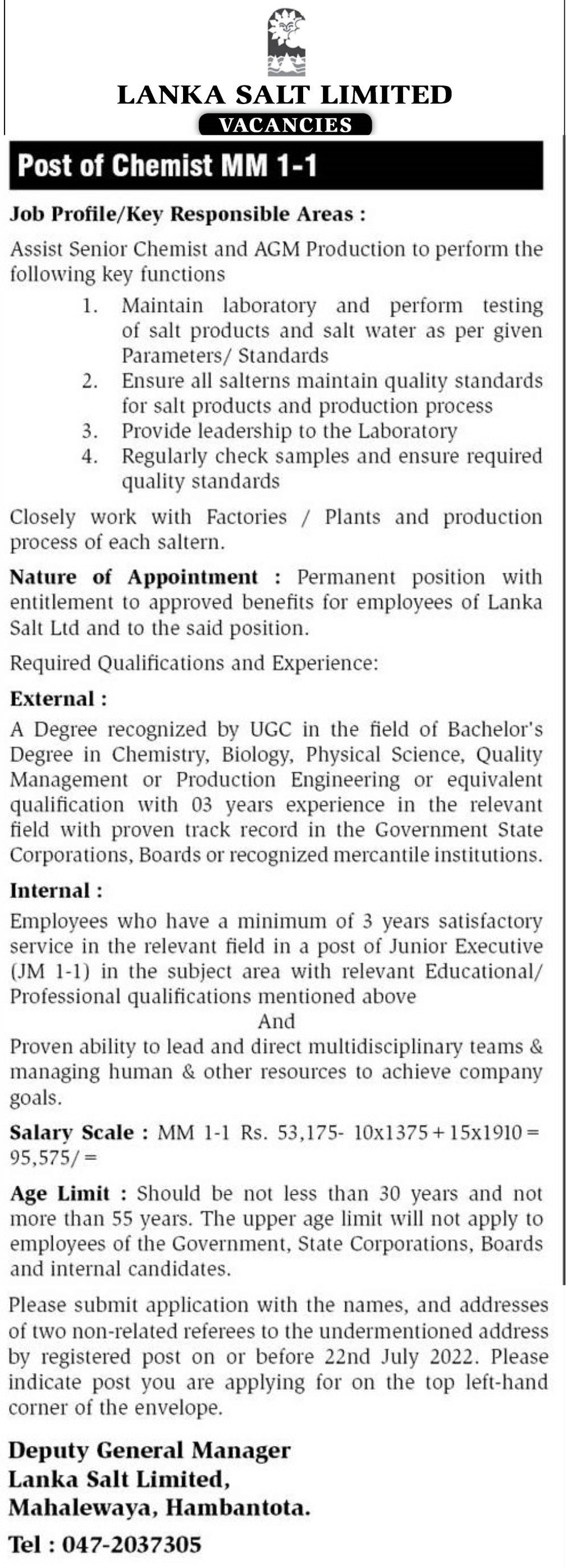 Chemist Job Vacancy - Lanka Salt Ltd Company Jobs Vacancies