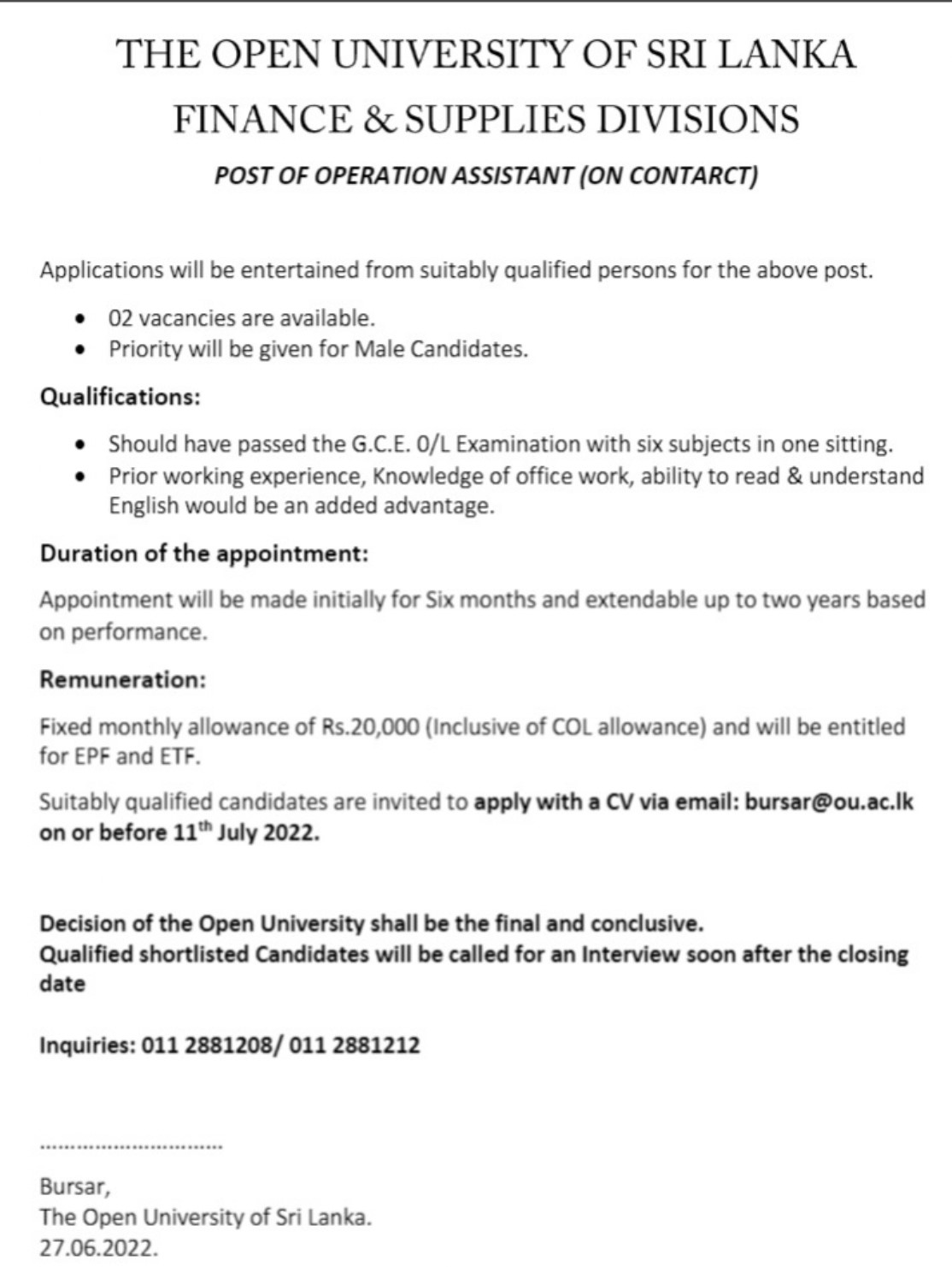 Operation Assistant Finance & Supplies Divisions - Open University Jobs Vacancies