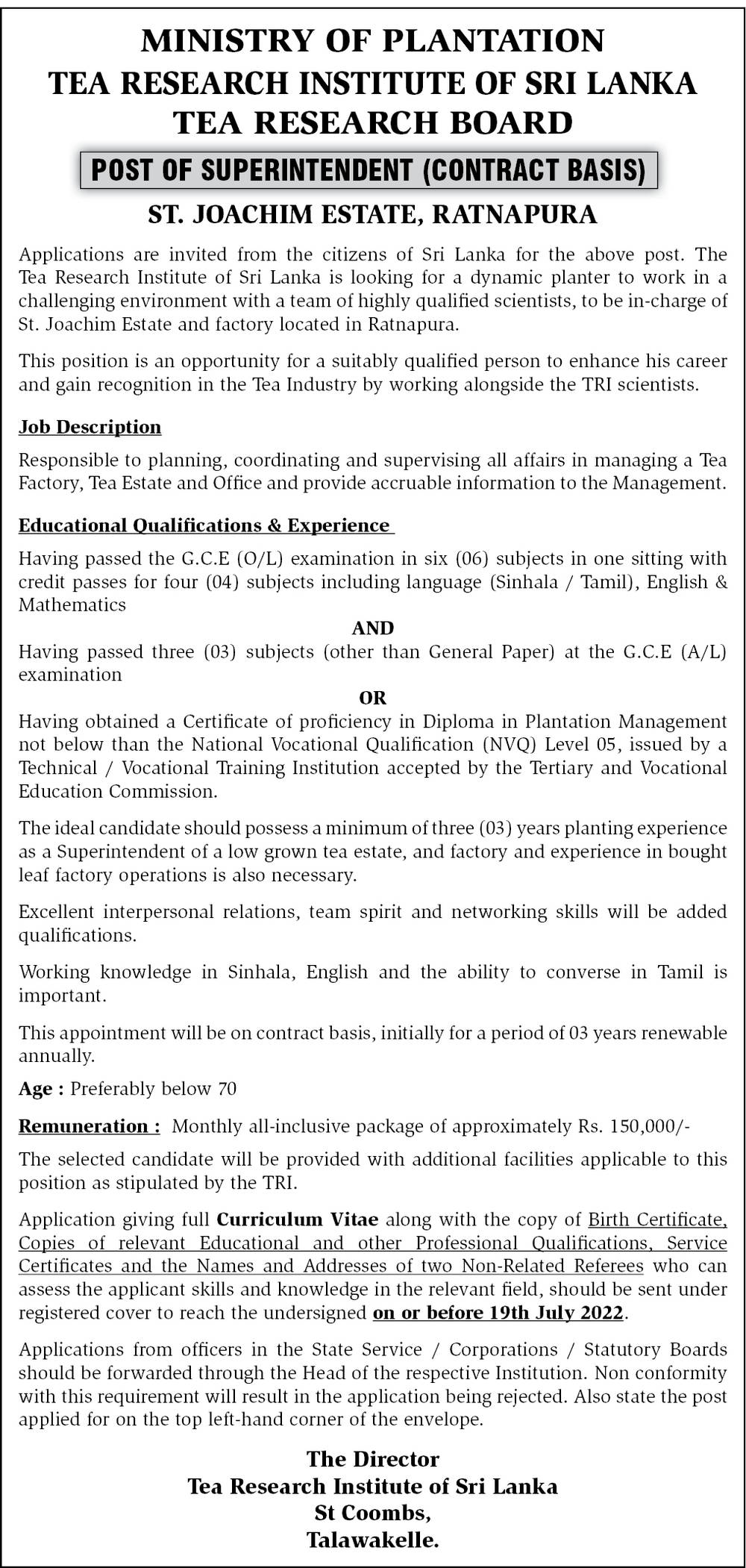 Superintendent Job Vacancy - Ministry of Plantation Industries Jobs Vacancies