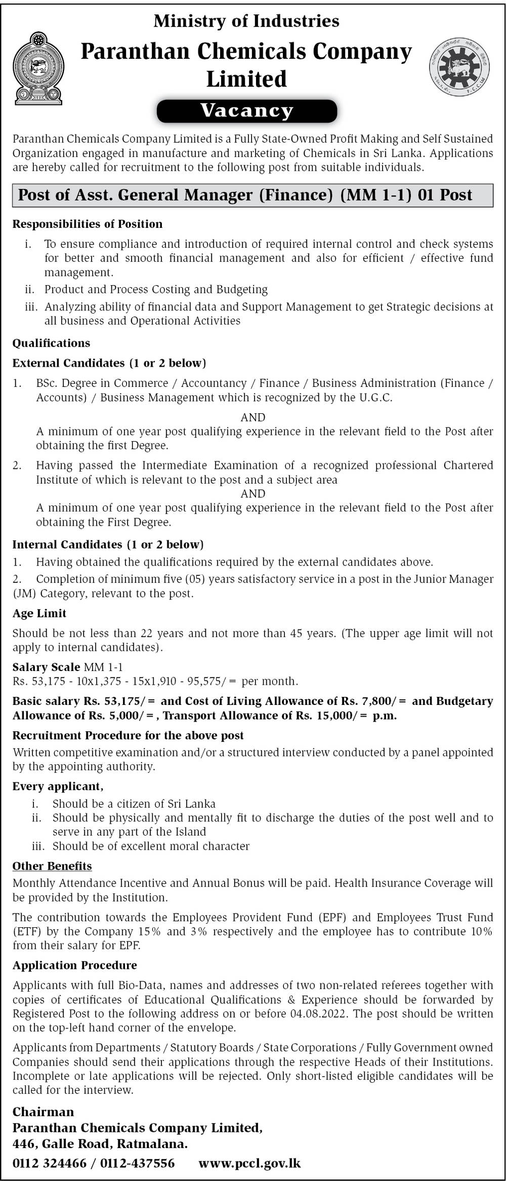 Assistant General Manager Job Vacancy - Paranthan Chemicals Company Jobs Vacancies