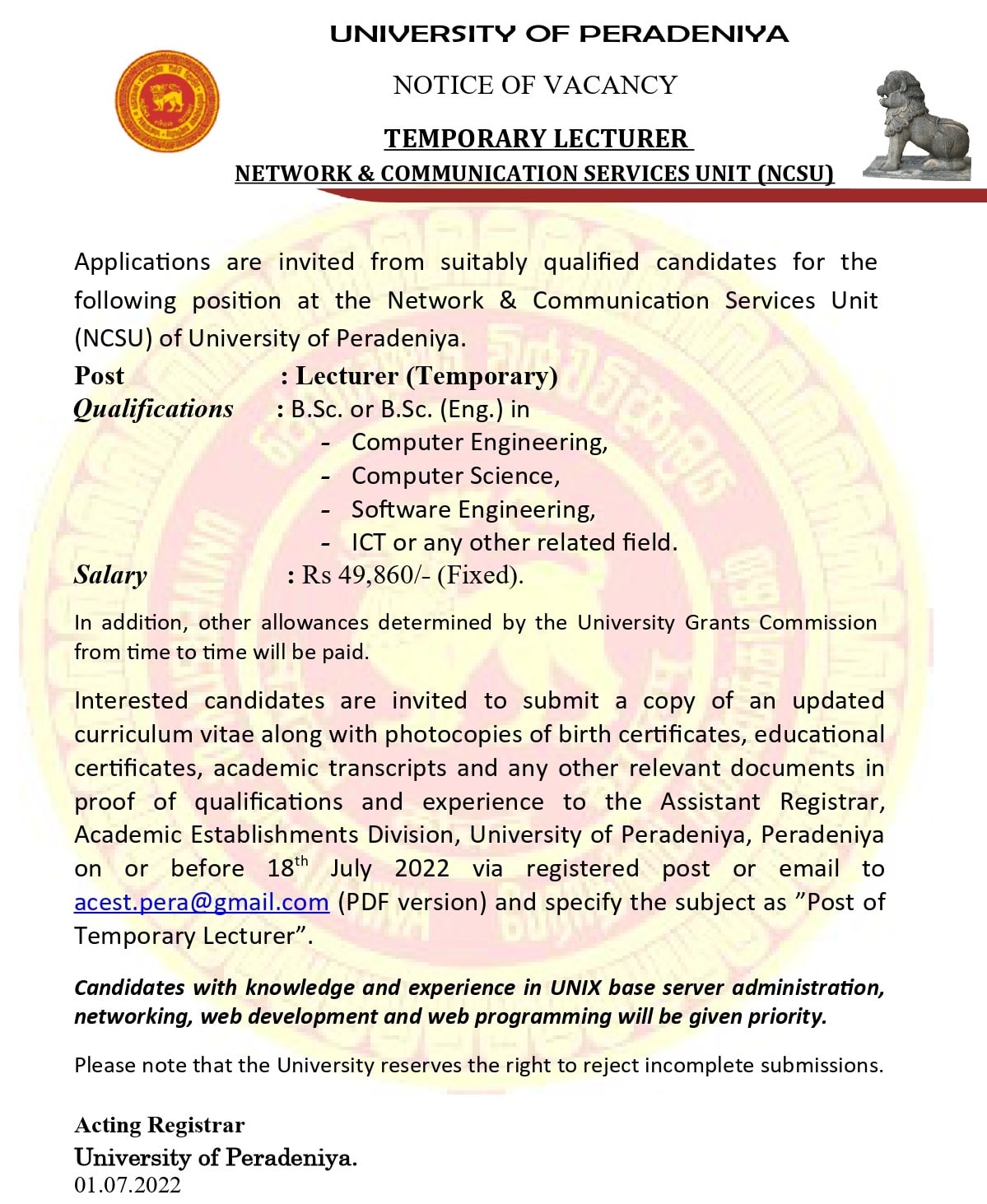 Temporary Lecturer (NCSU) Job Vacancy - University of Peradeniya Jobs Vcancies