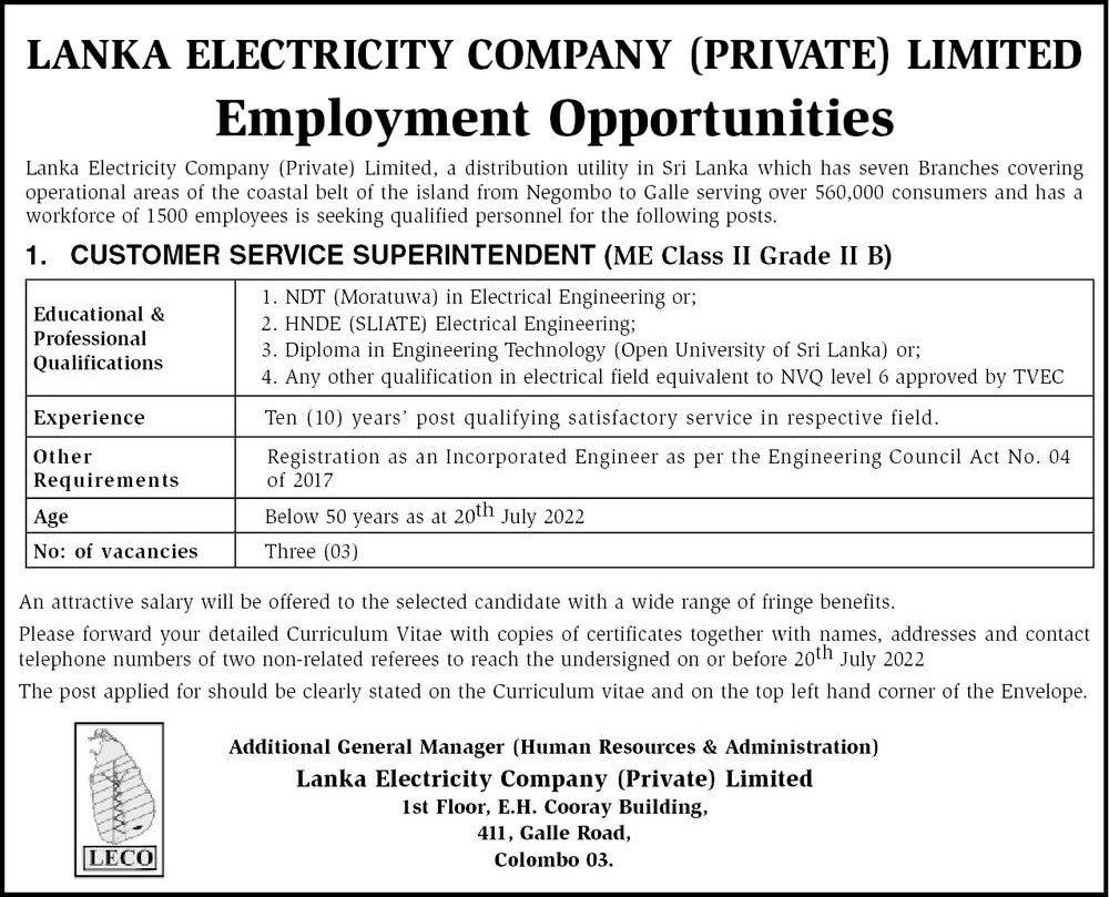 Customer Service Superindent - Lanka Electricity Company Jobs Vacancies 2022