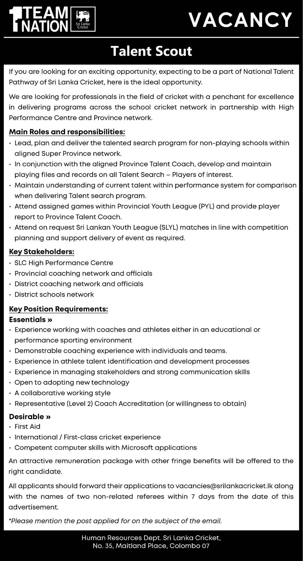 Talent Scout – Sri Lanka Cricket Vacancies 2022 Details, Application Form
