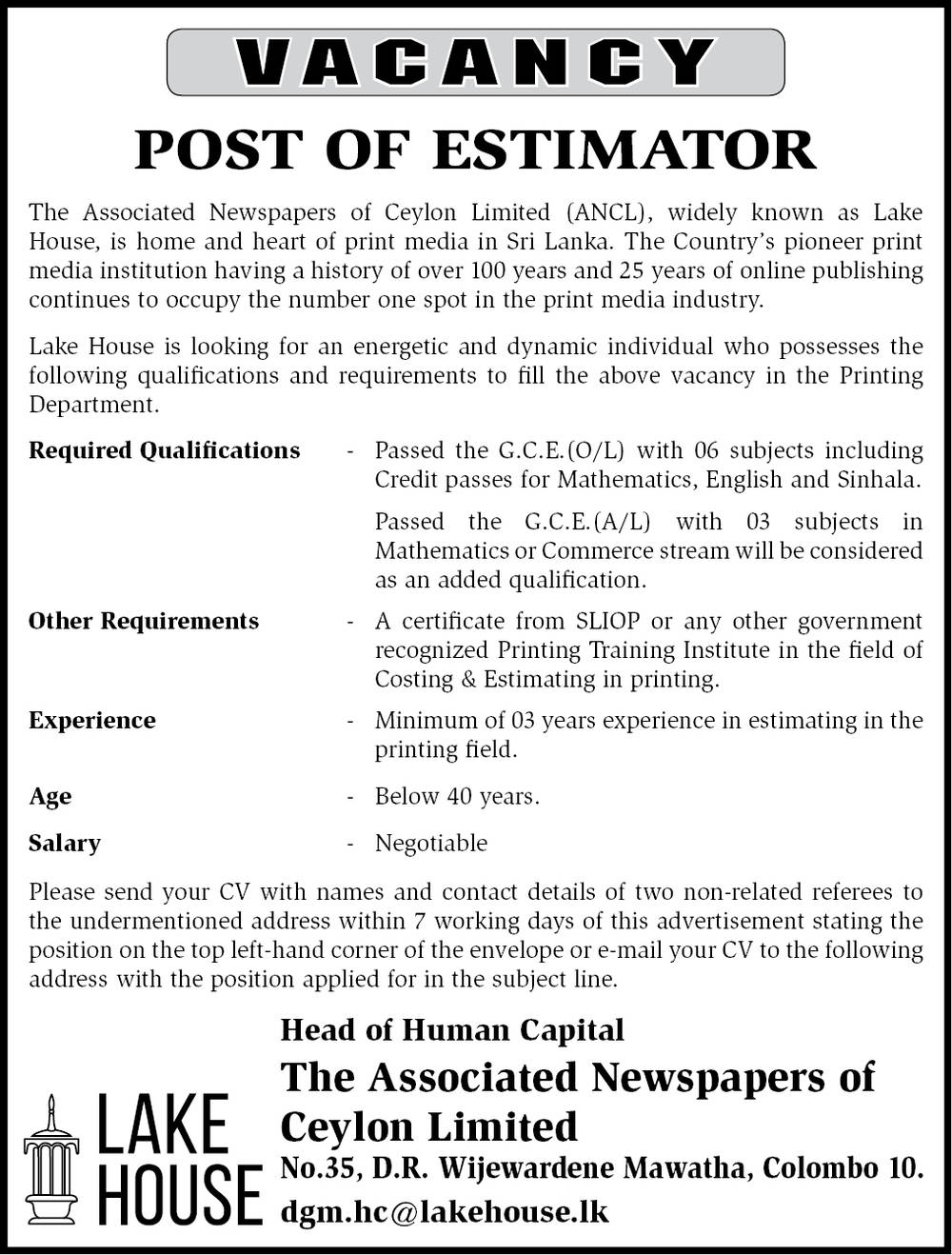 Estimator Job Vacancy in The Associated Newspapers of Ceylon Jobs Vacancies