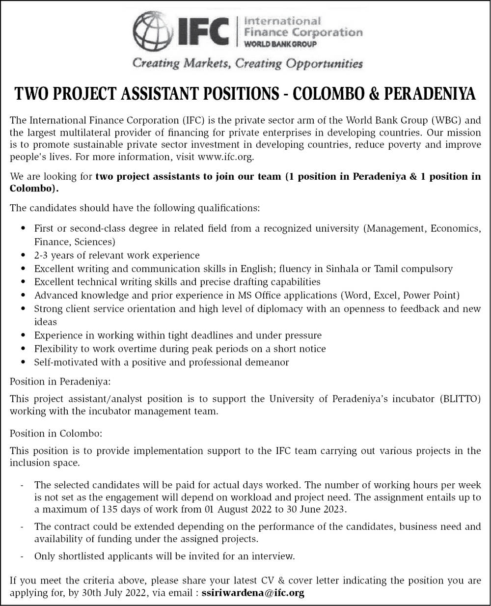 Project Assistant Job Vacancy - International Finance Corporation (IFC) Jobs Vacancies
